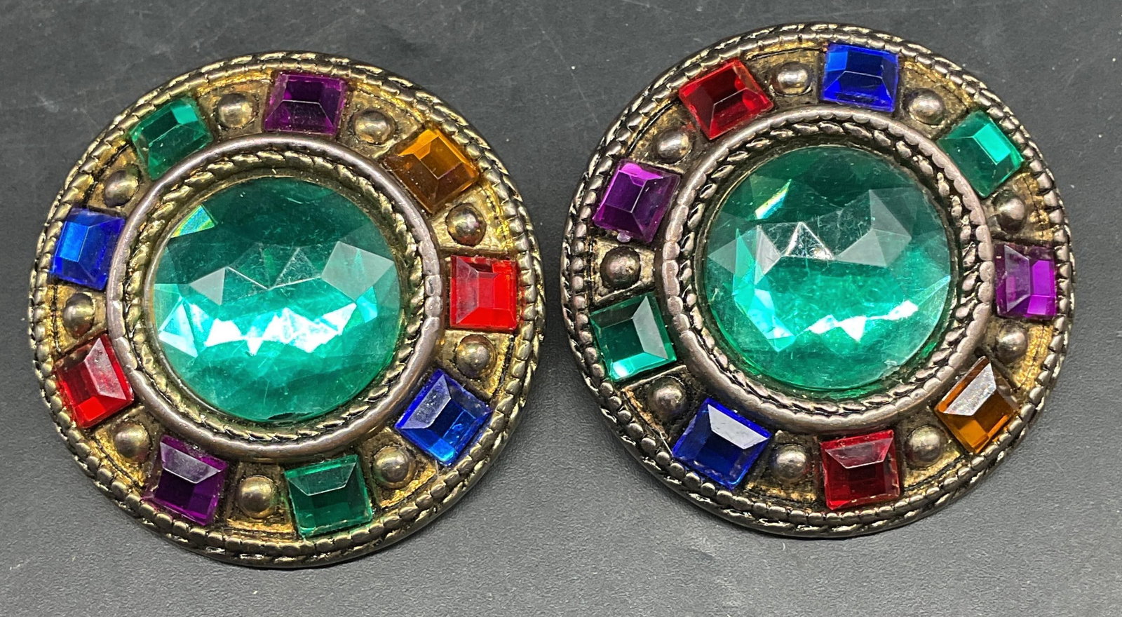 Vintage Colorful Lucite Crystal Statement Earrings: Vintage gold tone colorful lucite crystal statement earrings. Measures approx. 1 5/8 inches wide. Some loss to finish. Some scratching. Jewelry, estate jewelry, costume jewelry, cocktail jewelry, fash
