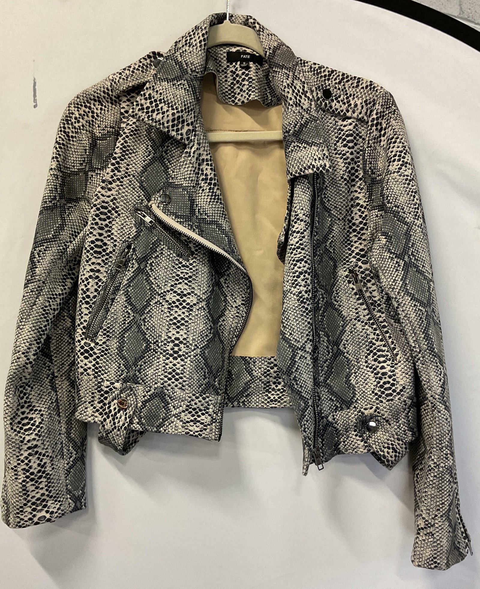 Fate Snake Print Zip Up Jacket: Fate snake print zip up jacket. Size S. Collared. Zipper and button accents. Snake print in grey, black, and white. Zippered pockets. Wear consistent with exposure. Jacket, Fate, wearables, clothing,