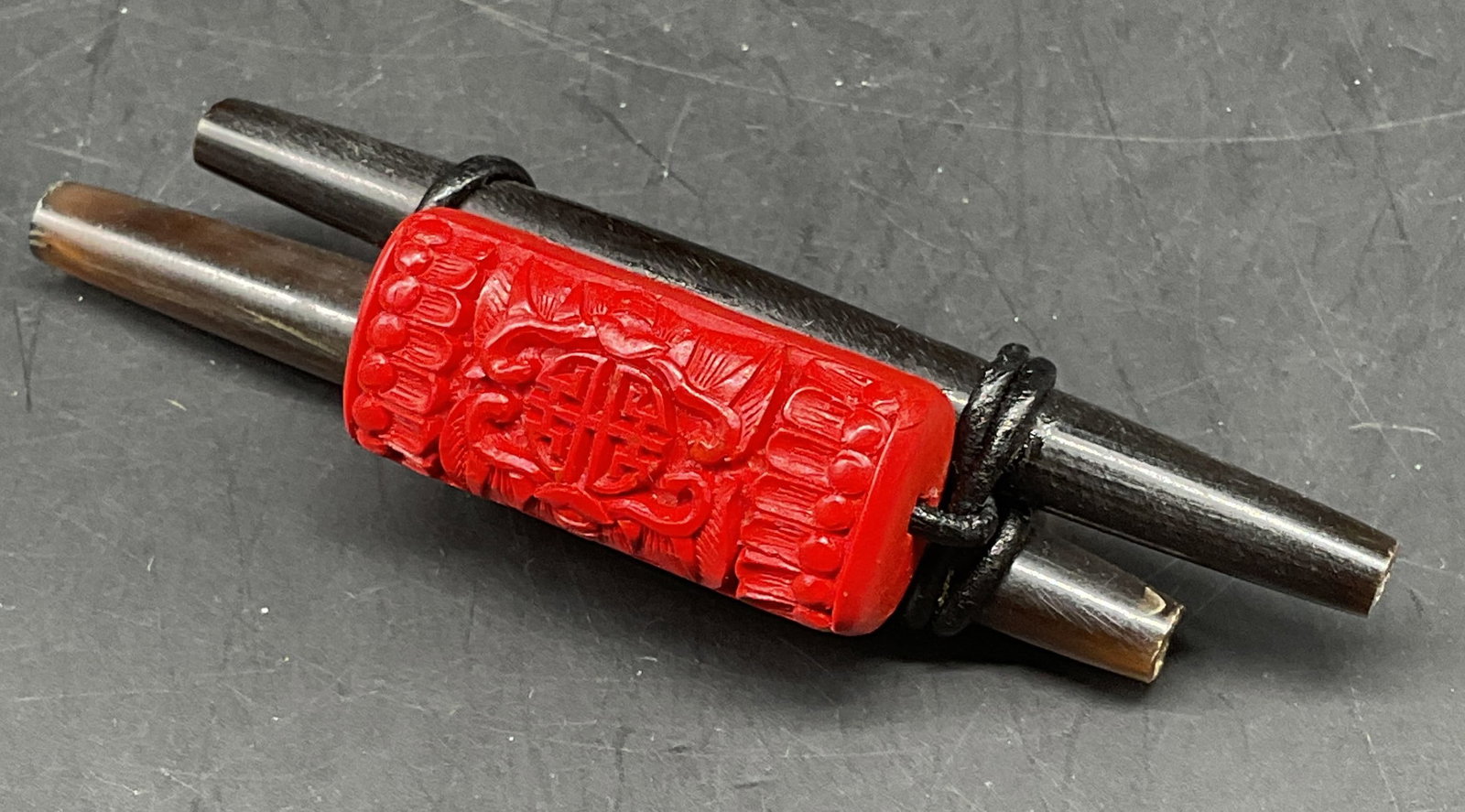 Vtg Asian Red Lacquer Horn Brooch: Vintage Asian carved red lacquer and carved horn brooch. Measures approx. 3.5 x .75 inches. Some scratching. Jewelry, estate jewelry, costume jewelry, cocktail jewelry, fashion jewelry, accessories, f