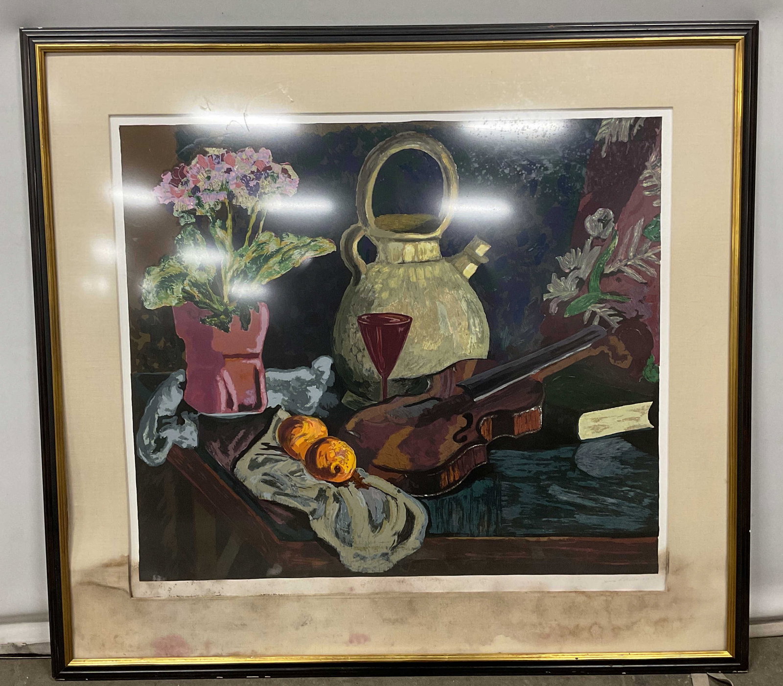 Sgn James Lesesne Wells Still Life Violin Print: Framed and matted limited edition silkscreen print on paper. Signed lower right, James Lesesne Wells (American, 1902-1993). James Lesesne Wells was influential artist associated with the Harlem Renais