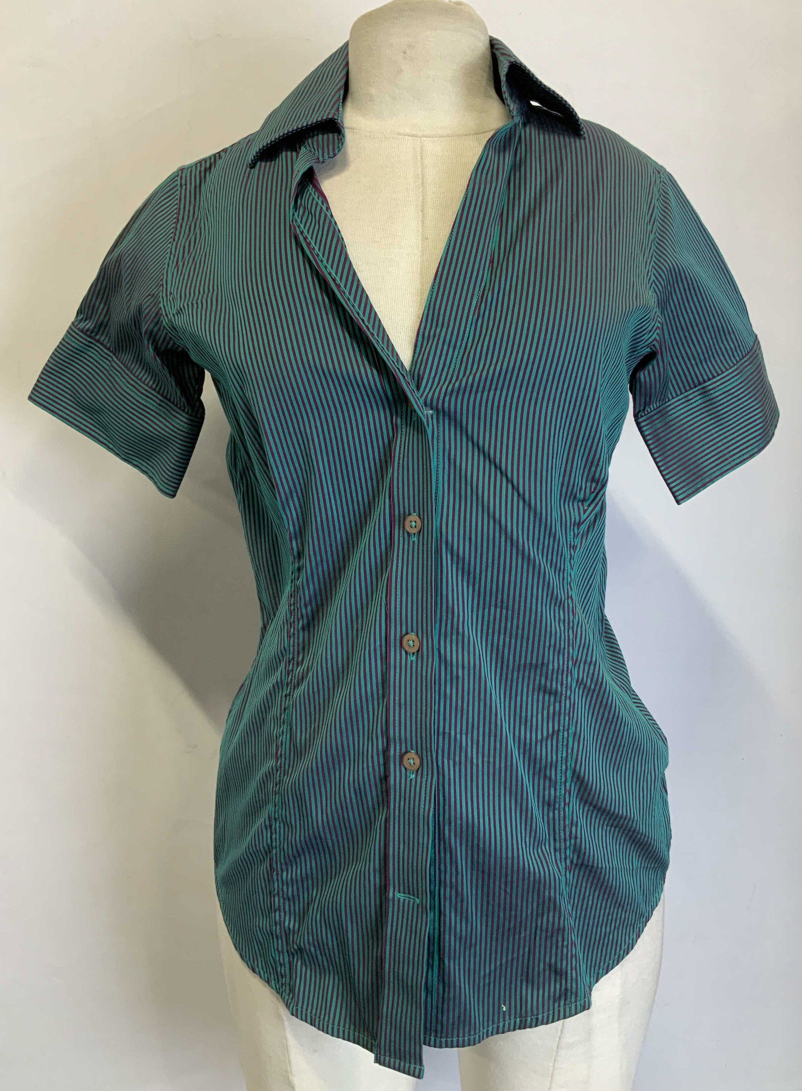 Ben Sherman Striped Button Shirt INDIA: Size Medium. 100% cotton. Button up shirt features a striped pattern. Teal & purple toned. Signed & marked. Reads, Ben Sherman. MADE IN INDIA. Surface wear consistent to age, use & exposure. Ben Sherm