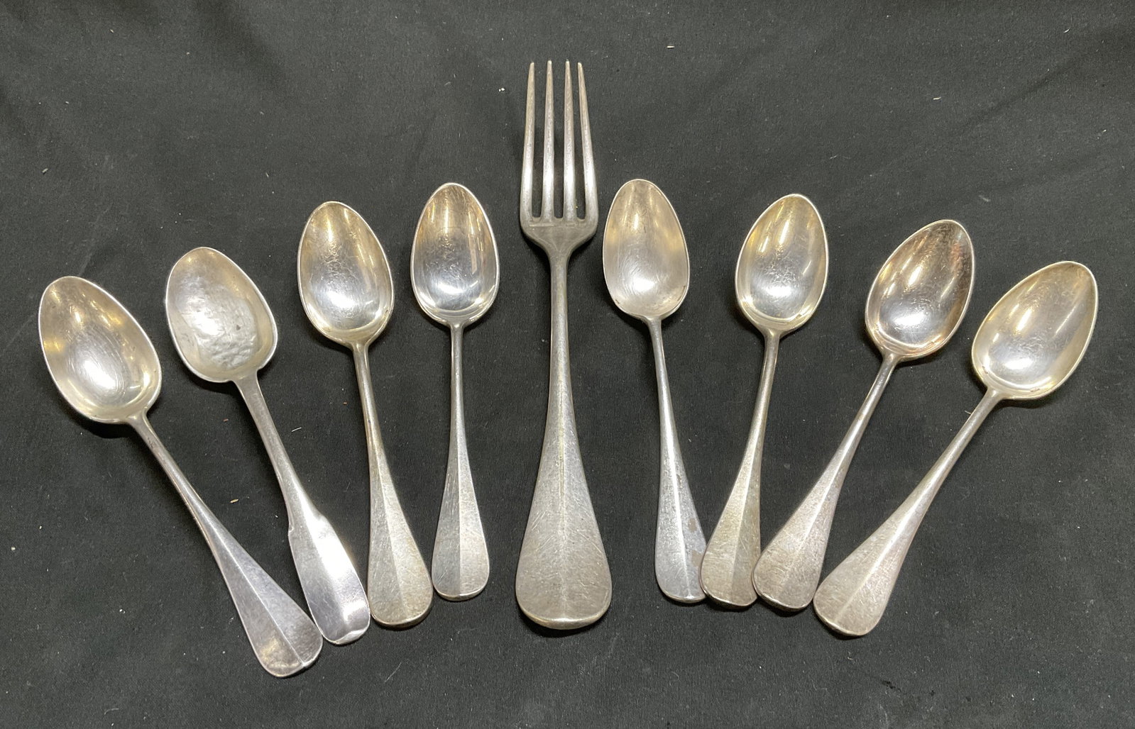Lt9 ANTQ Silver-Plated Cutlery: 9 Antique Silver-Plated Cutlery. 8 Teaspoons and 1 Fork. Fork is a Historical French Military Prize Spoon Made For National Shooting Society of France and Algeria. Various Markings on Spoons Such as B