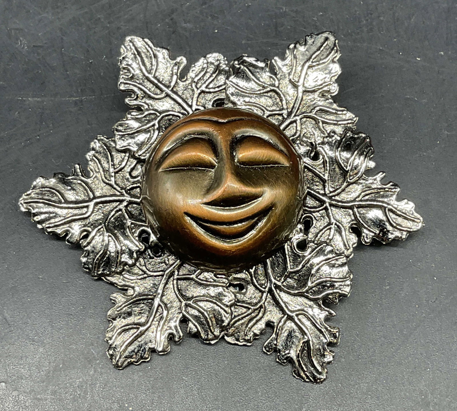 Sylvia Dahl Man In The Moon Scarf Clip: Vintage Sylvia Dahl Man In The Moon and maple leaf silver and gold tone scarf clip. Measures approx. 2.5 inches wide. Some scratching. Jewelry, estate jewelry, costume jewelry, cocktail jewelry, fashi