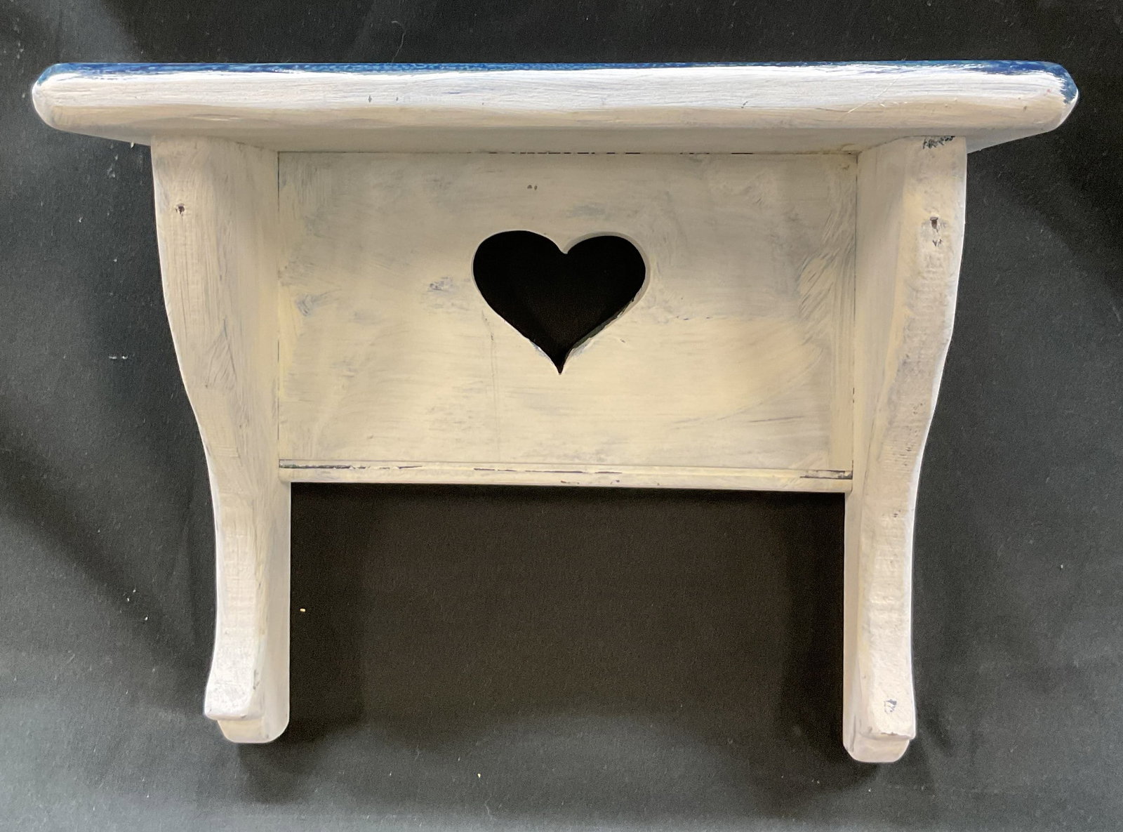 SGND Vintage Wooden Heart Wall Shelf USA: Signed vintage wooden heart wall shelf. Signed, reads G. Morrison Madison, CT. Heart shape cut out. Rectangular top. Hand painted light and dark blue. Measures approx 6 x 12 x 9.5 inches. Scratching a