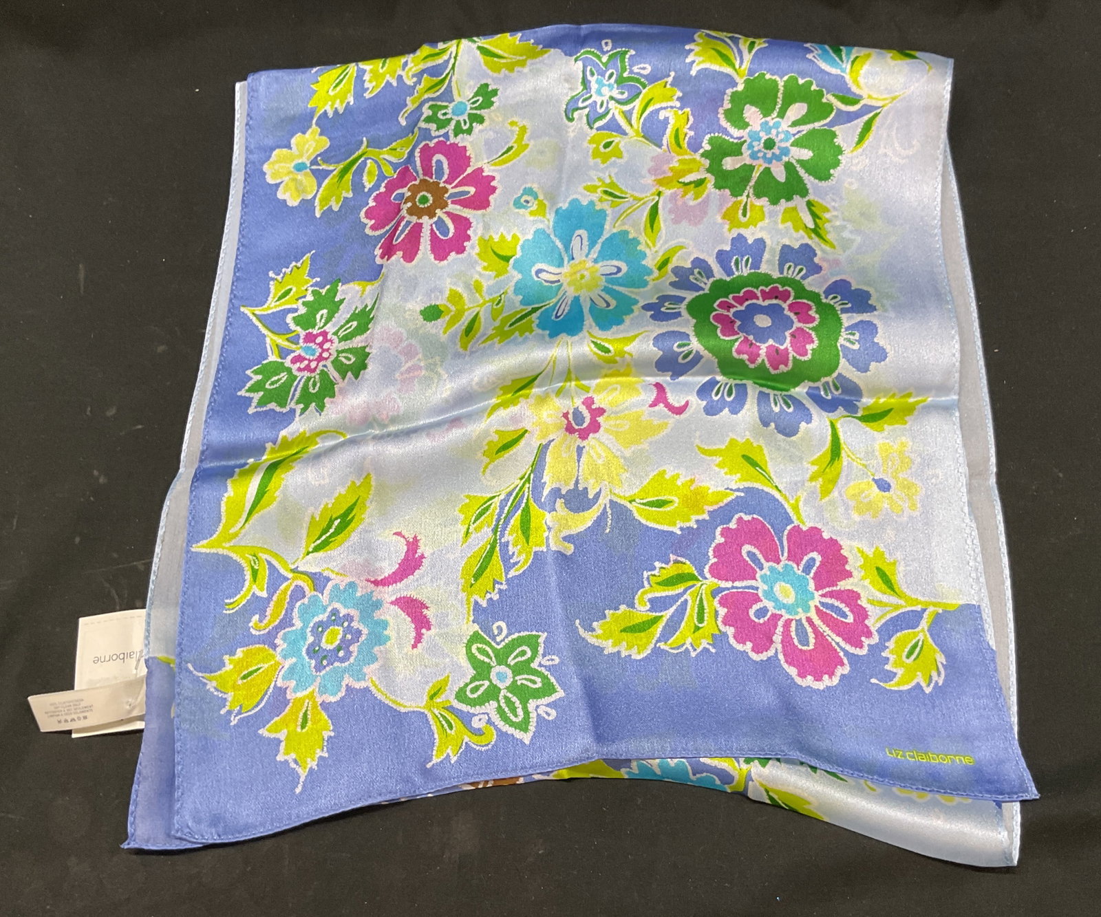 Liz Claiborne Floral Silk Scarf NWT: Liz Claiborne floral silk scarf. New with tag. Blue background. Floral motifs in varying colors. Measures approx 13 x 57 inches. Never worn. Scarf, Liz Claiborne, silk scarf, wearables, clothing,
