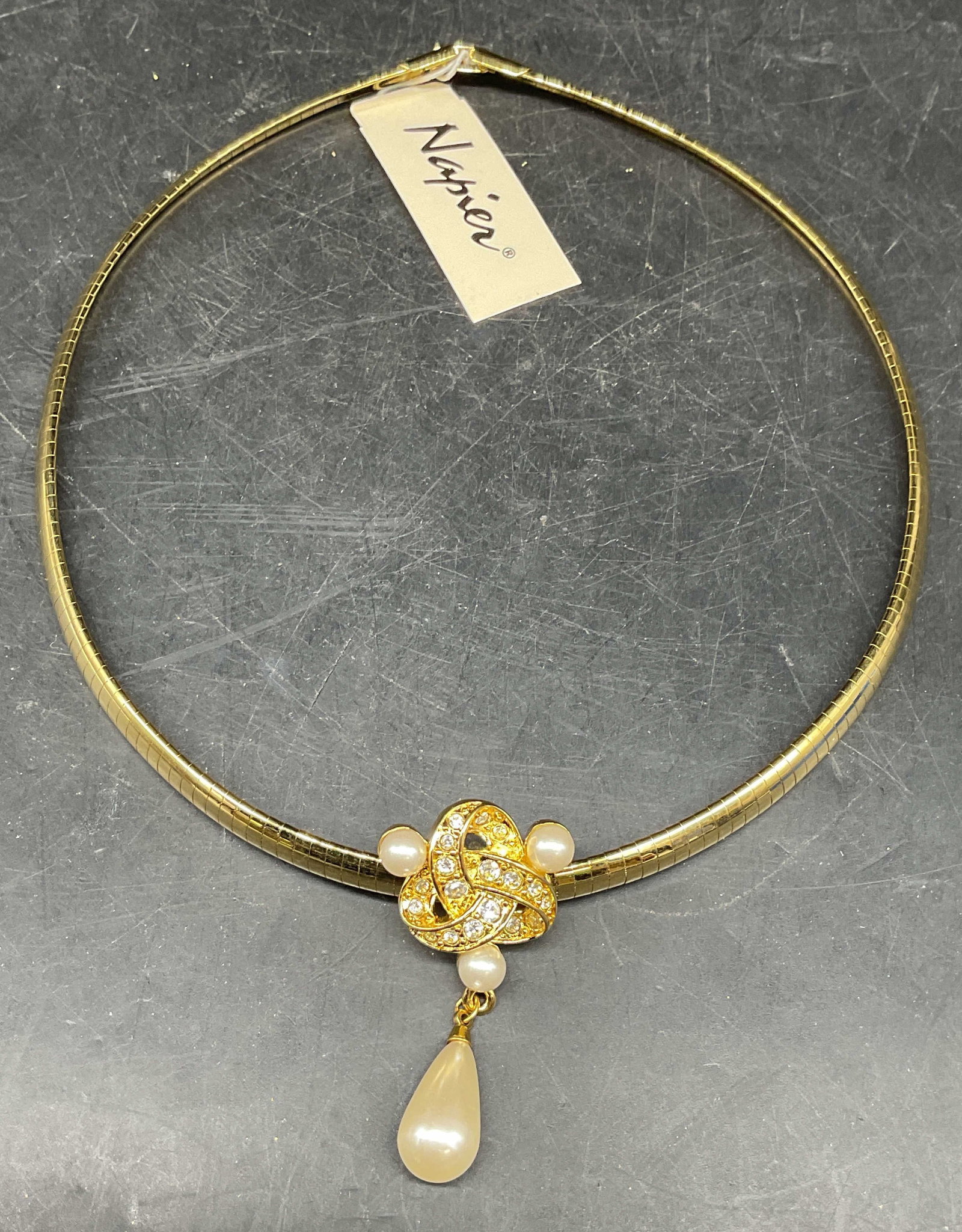 Napier Gold Tn Faux Pearl Pendant Necklace NWT: Vintage Napier gold tone omega chain collar necklace with faux pearl and rhinestone pendant. New with tag. Drop length 6 inches. Some scratching. Jewelry, estate jewelry, costume jewelry, cocktail jew