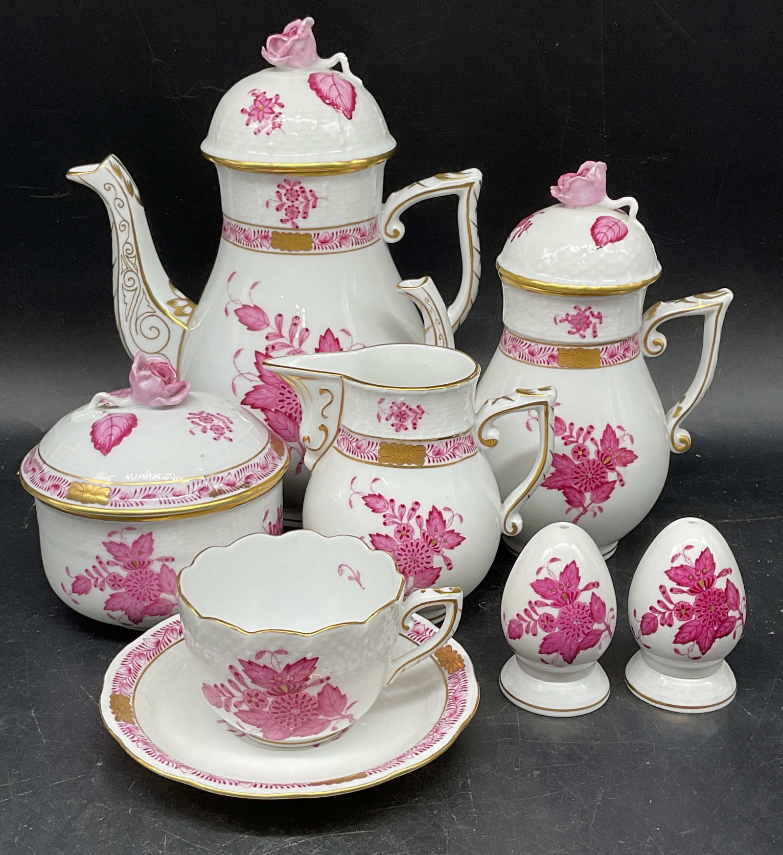 8 Herend Chinese Bouquet Partial Coffee Service: Set of 8 pieces Herend porcelain partial coffee service. Chinese Bouquet pattern in raspberry. Pieces include large coffee pot, small individual coffee pot, creamer, lidded sugar, coffee cup with sauc