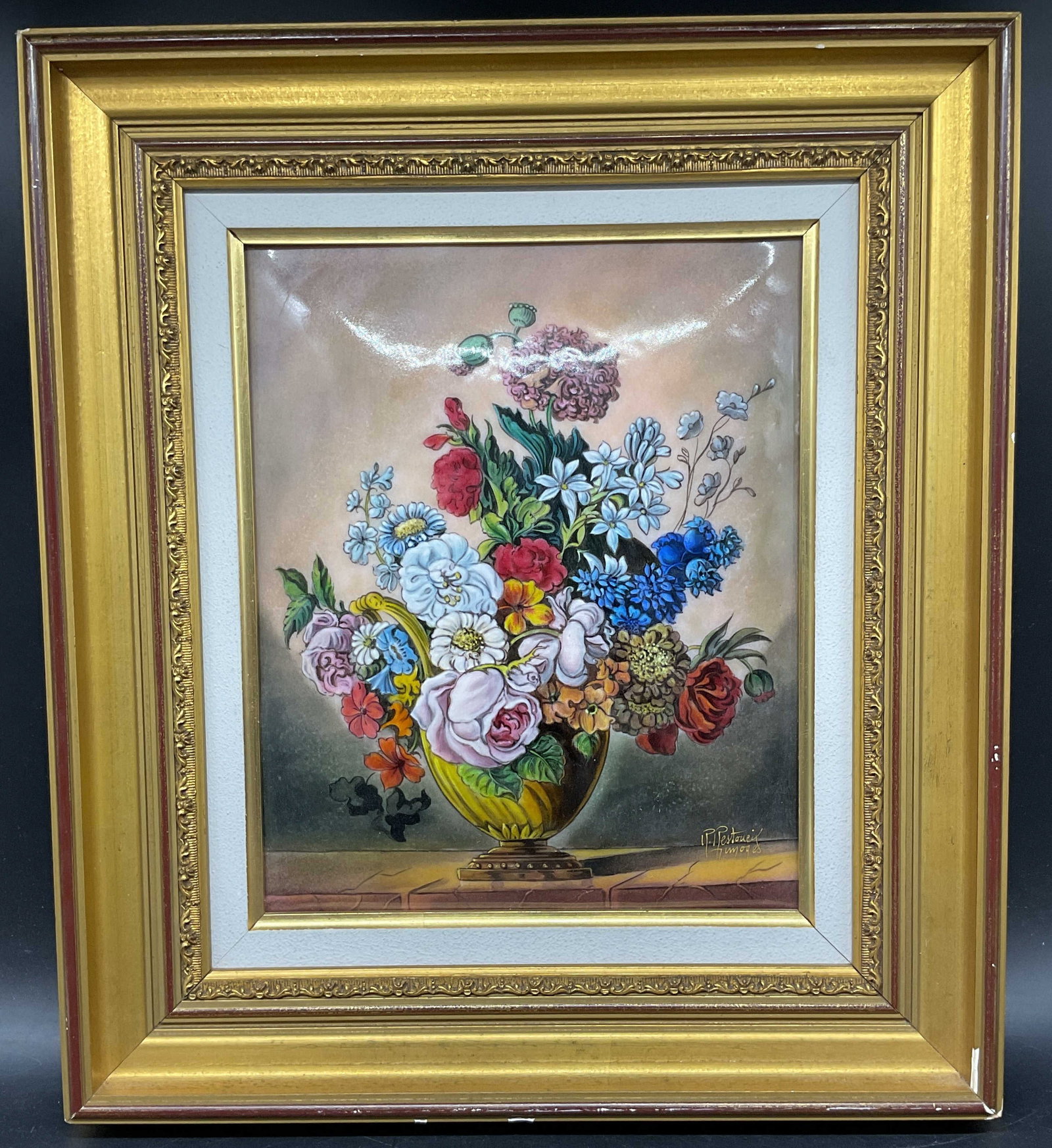 R Restoueix Limoges Porcelain Still Life Plaque: Framed Limoges enameled porcelain plaque. Signed lower right, R Restoueix. Still life with flowers. Gilt wood frame. Not examined out of frame. Frame measures approx. 16.5 x 14.75 inches. Some chips t