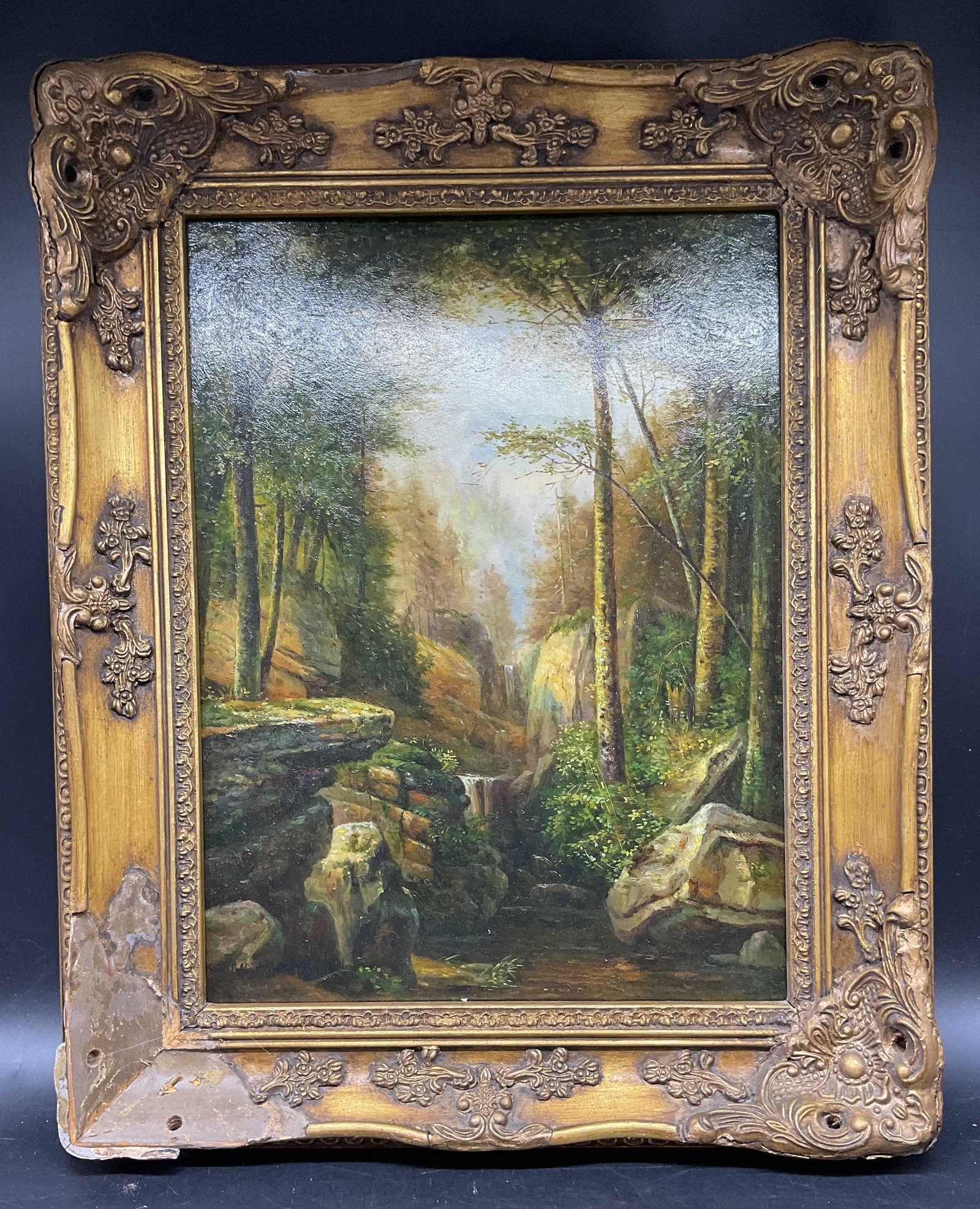 Signed Konrad Landscape with Stream Oil Painting: Framed oil on board painting. Signed lower left partially legible, Konrad Hub. Landscape with a stream. Ornate gilt wood frame. Not examined out of frame. Frame measures approx. 21 x 17 inches. Losses