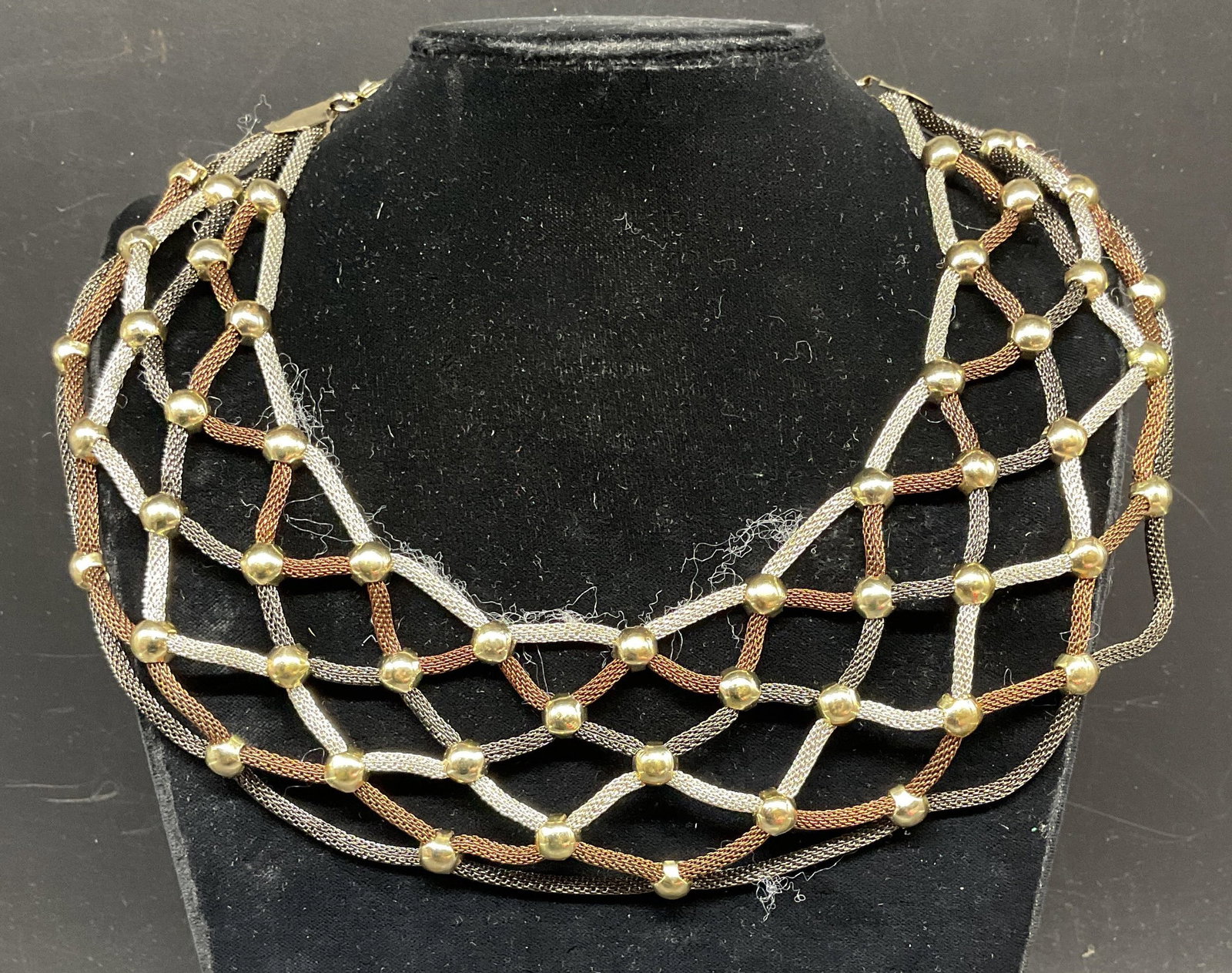 Vintage Silver & Bronze Tone Mesh Collar Necklace: Vintage silver tone bronze toned mesh chain collar necklace. Drop length 7.5 inches. Some scratching. Jewelry, estate jewelry, costume jewelry, fashion jewelry, cocktail jewelry, accessories, fashion 