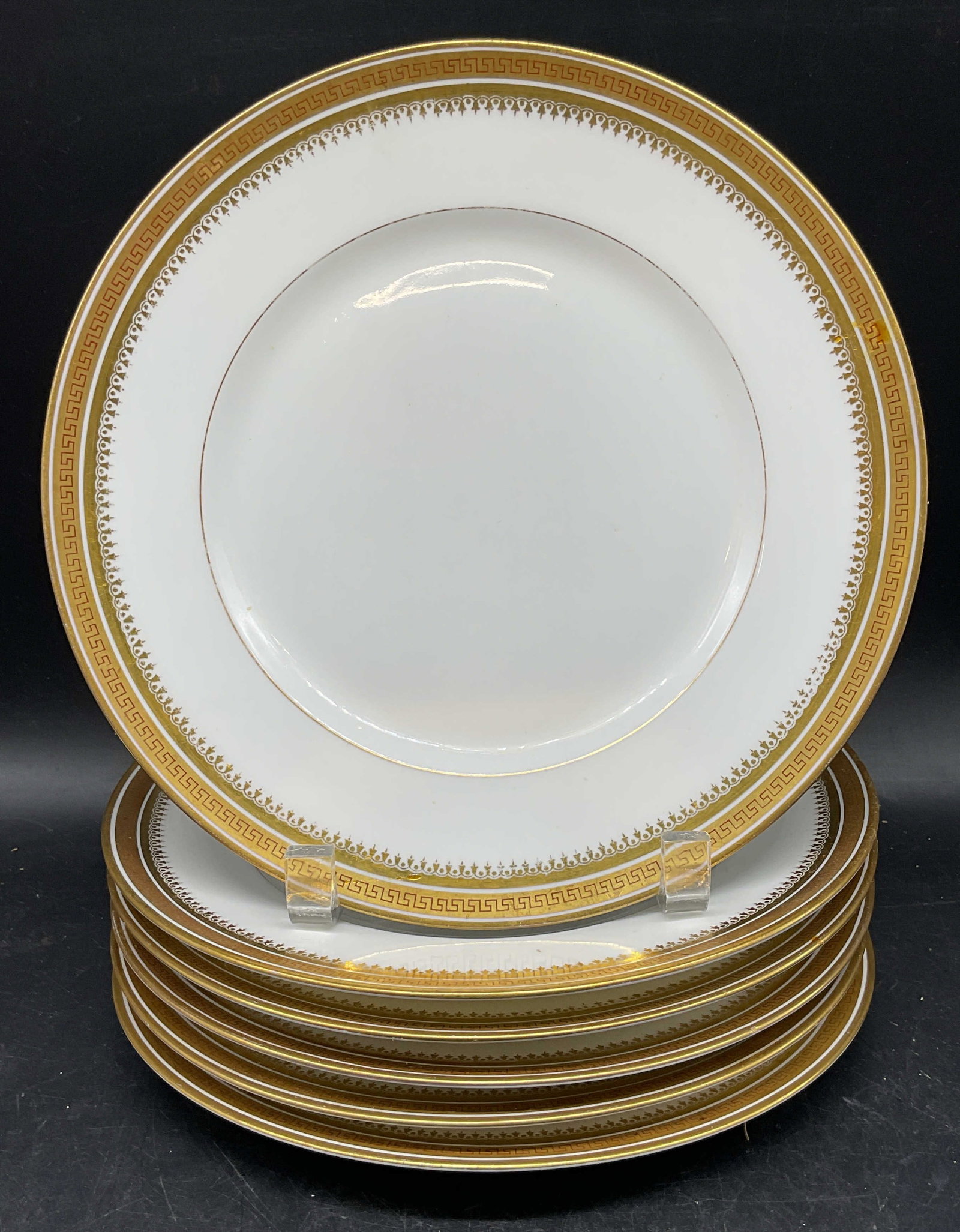 Set 6 Antique BERNARDAUD D & C Limoges Plates: Set of 6 antique BERNARDAUD D & C Limoges porcelain plates. Made in France. Hand painted gilt rims. Measures approx. 9.5 inches. Wear including residue, scratching, loss to gilt. BERNARDAUD plates, d 