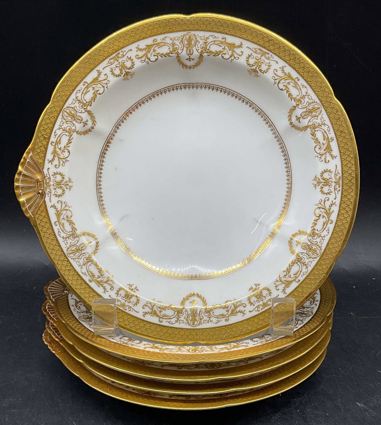 Set 5 Antq Ahrenfeldt Limoges Porcelain Bowls: Set of 5 antique Charles Ahrenfeldt Limoges porcelain bowls. Made in France. Gilt rims with scroll pattern. Measures approx. 7.75 x 1.75 inches. Some residue, scratching and loss to paint. Charles ahr