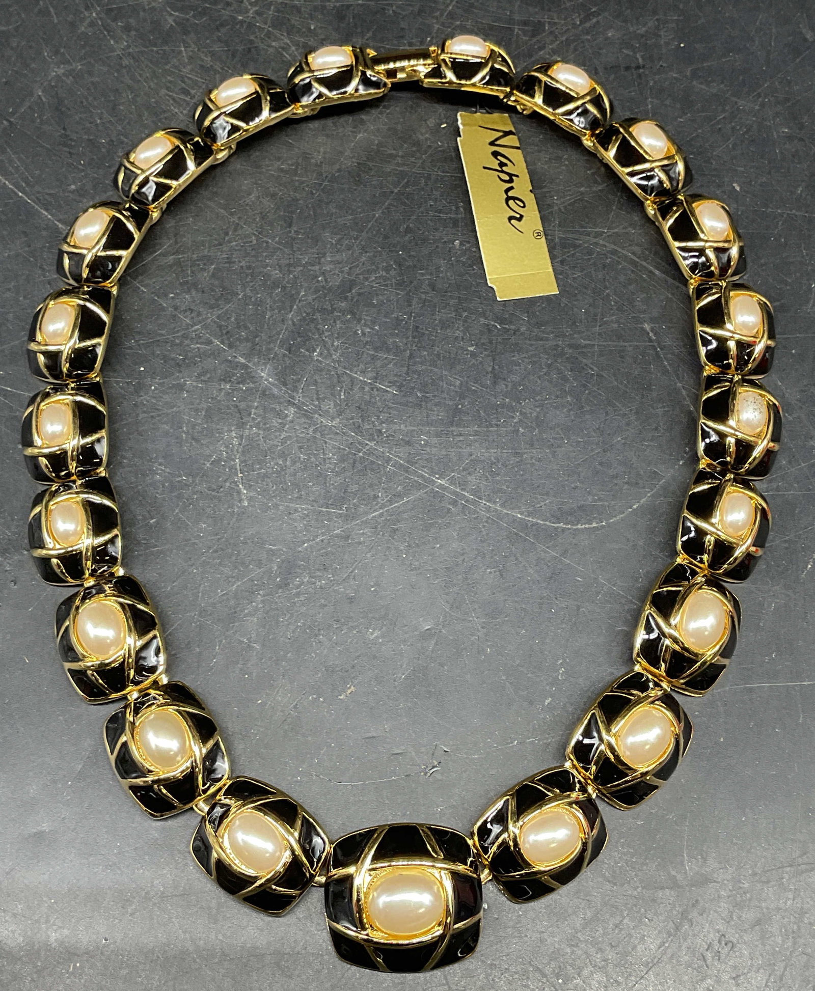 Napier Black Enamel Faux Pearl Necklace NWT: Vintage Napier gold tone black enamel and faux pearl panel necklace. New with tag. Drop length 6.5 inches. Some scratching. Jewelry, estate jewelry, costume jewelry, cocktail jewelry, fashion jewelry,