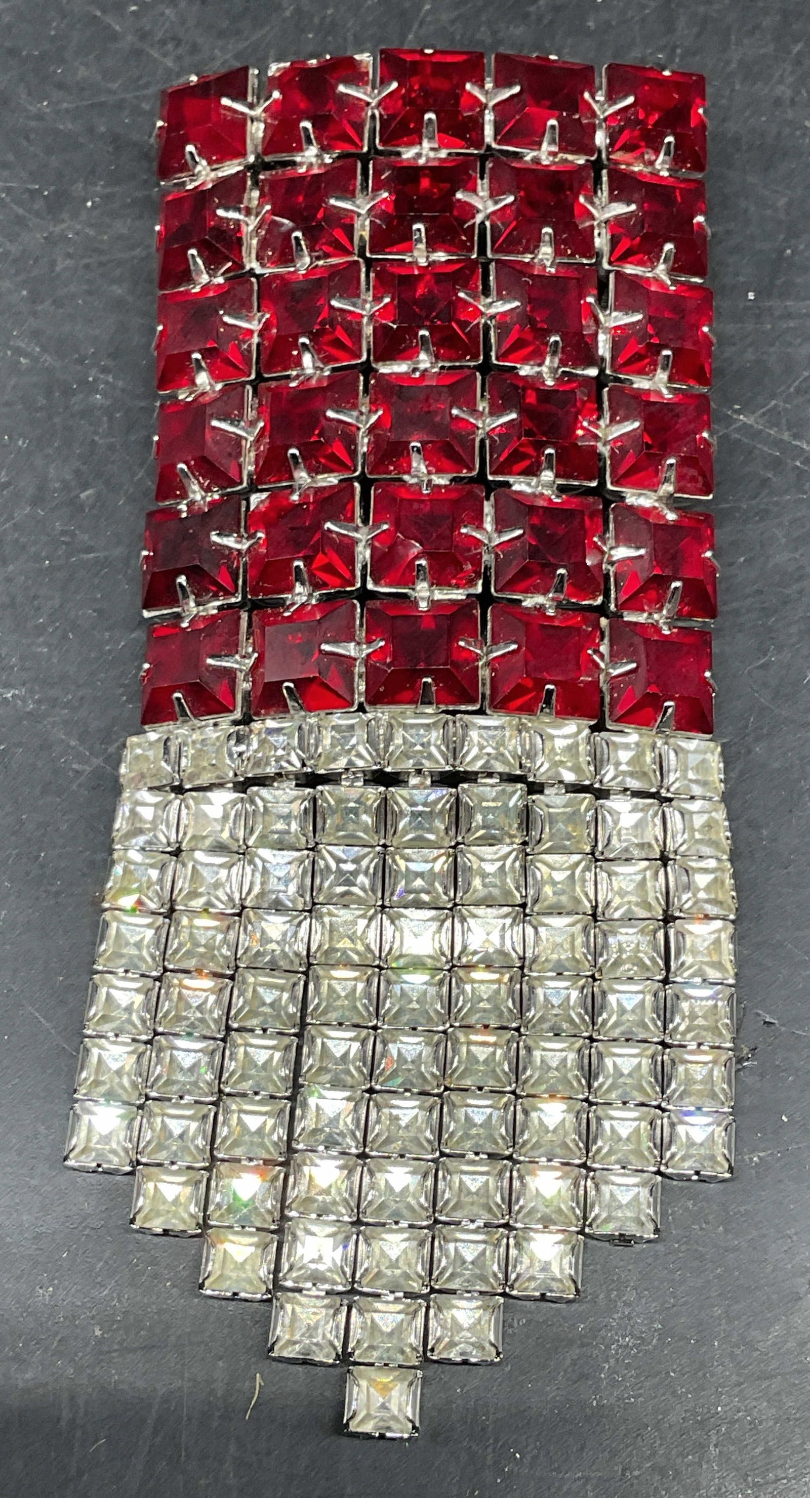 Vintage Red Rhinestone Tassel Brooch 4 inches: Vintage red and colorless rhinestone tassel brooch. Measures approx. 4 x 1.75 inches. Some scratching. Jewelry, estate jewelry, costume jewelry, cocktail jewelry, fashion jewelry, accessories, fashion