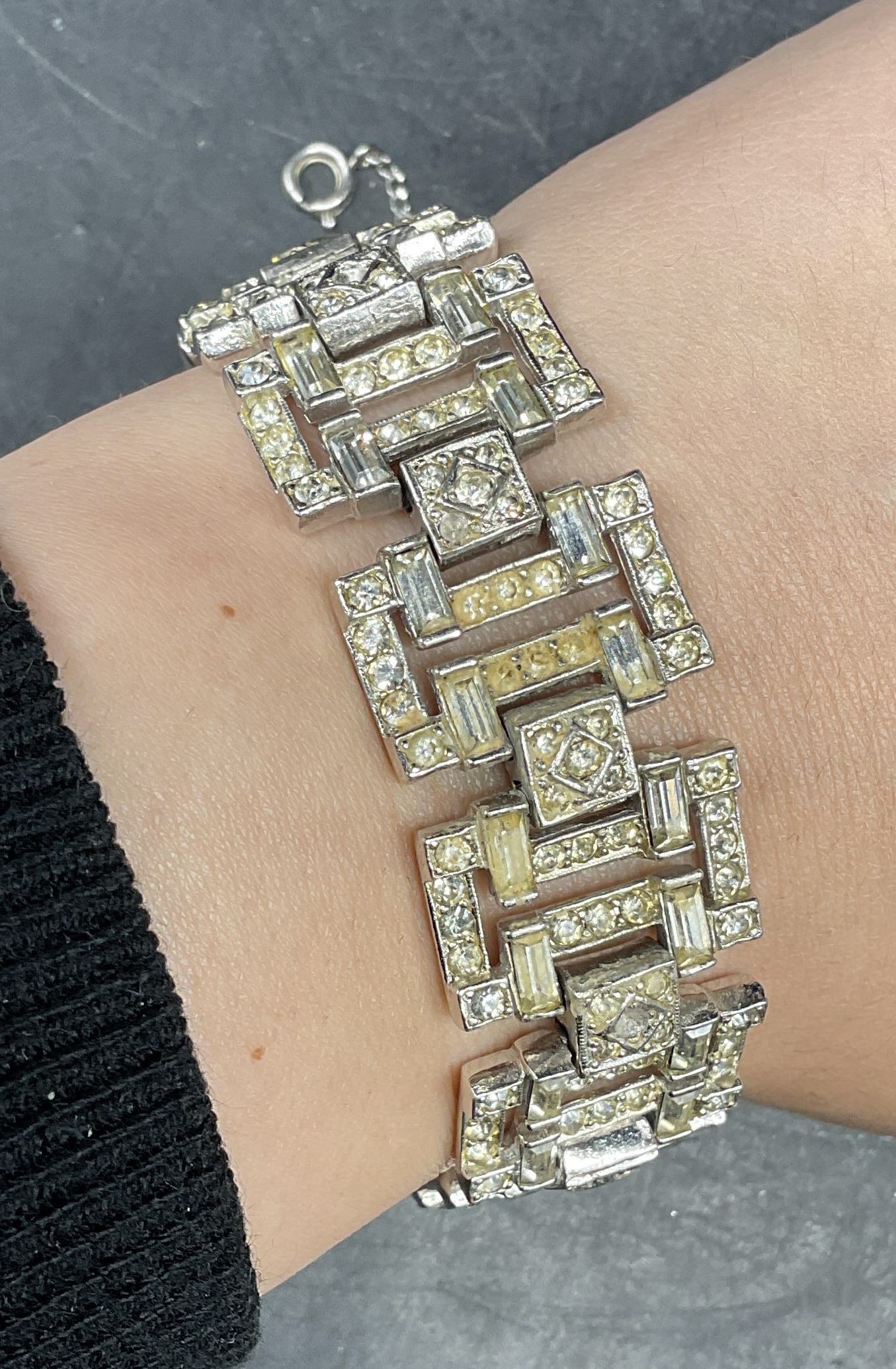 Ledo Rhodium Plated Rhinestone Bracelet: Vintage Ledo rhodium plated rhinestone panel bracelet. Measures approx. 7 inches long. Some scratching. Some rhinestones need replacement. Jewelry, estate jewelry, costume jewelry, cocktail jewelry, f