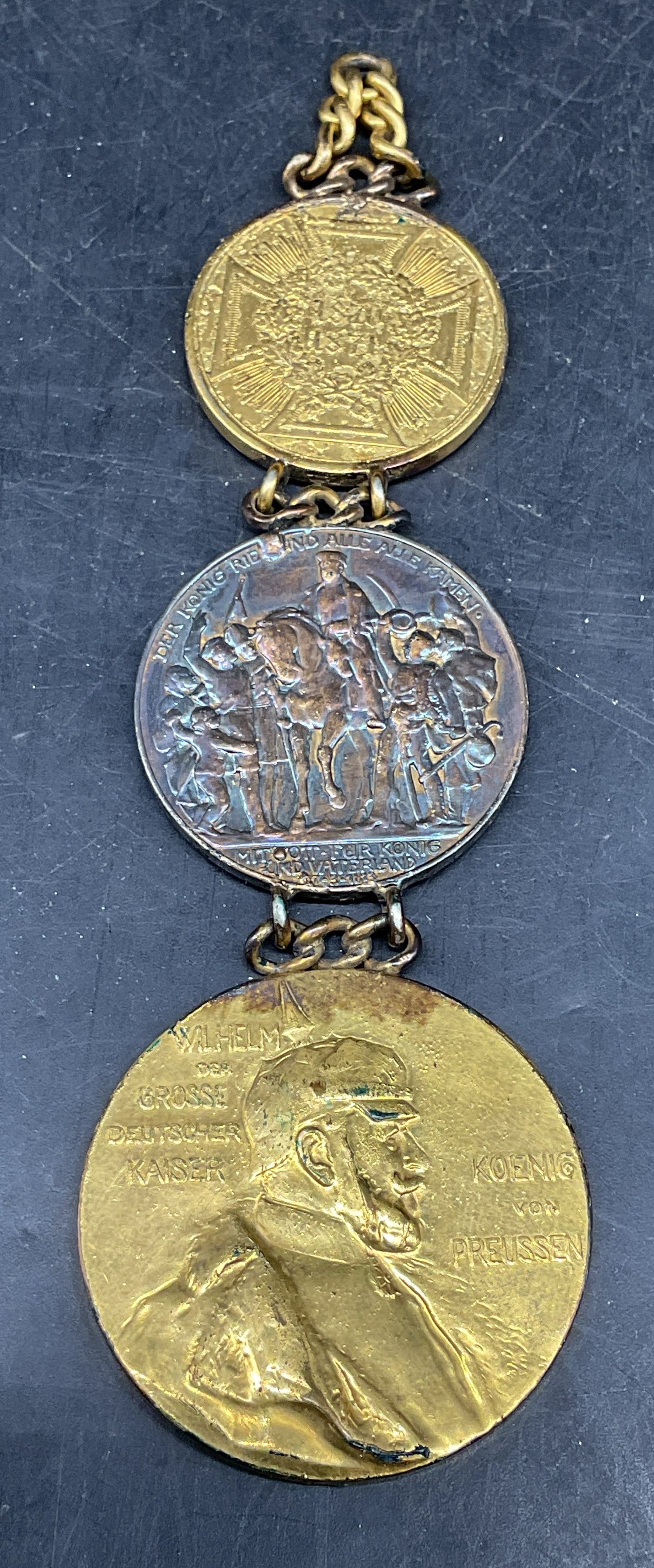Antique German Military Medal & Coin Pendant: Antique German military medal and coin pendant. Includes a 1913 Drei Mark coin, a 19th century Prussian centenary medal commemorating Wilhelm I, and a 19th century commemorative Franco Prussian war me