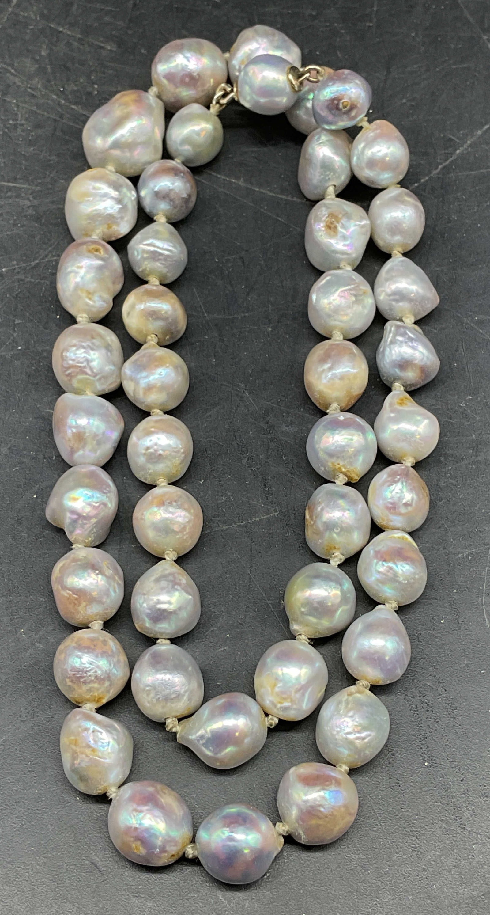 Baroque Pearl Necklace with 14k Gold Clasp: Vintage baroque pearl necklace with 14k white gold clasp. Marked 14k. Drop length 8 inches. Some scratching. Jewelry, estate jewelry, fine jewelry, cocktail jewelry, fashion jewelry, accessories, fash