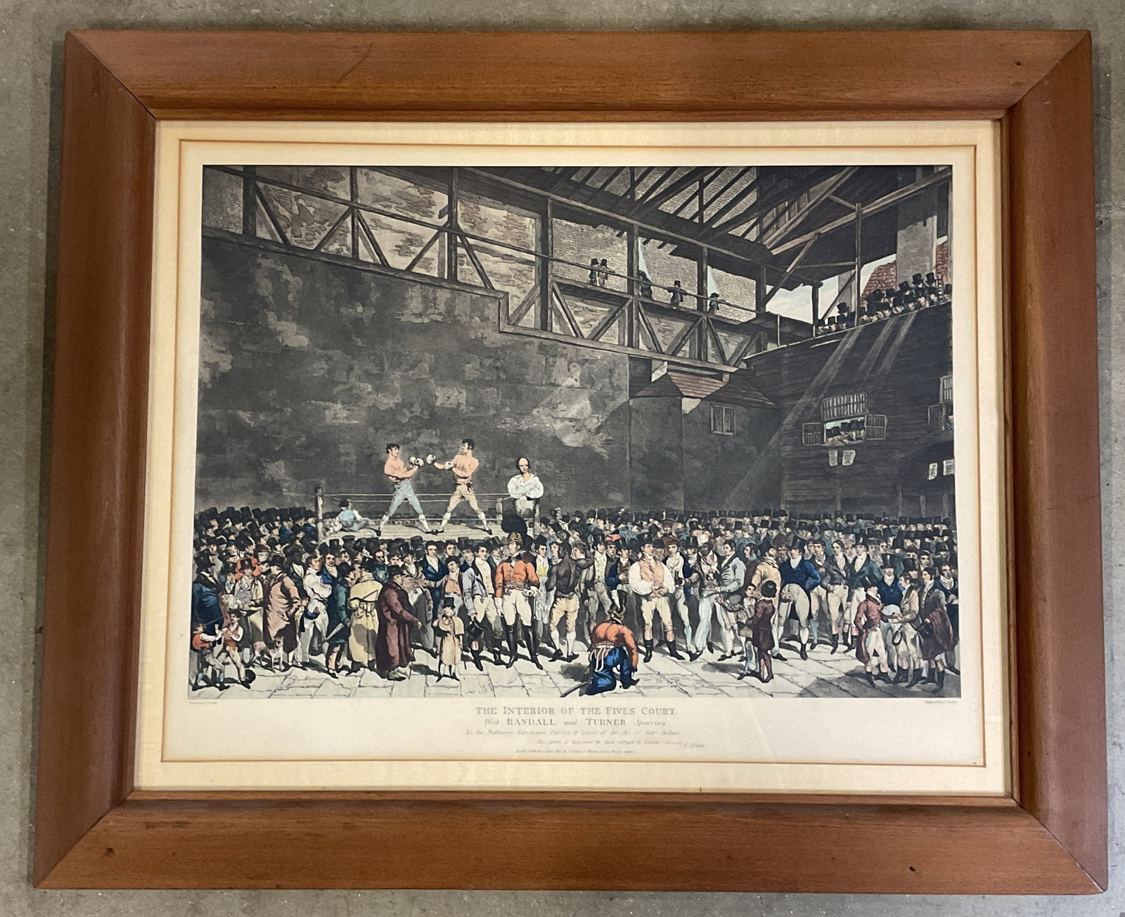 Frmd After Turner Fives Court Color Engraving 30in: Framed antique hand colored engraving. After Charles Turner and T Blake. The interior of Fives Court with Randall and Turner Sparring. Print date unknown. Wood frame. Frame measures approx. 25 x 30 in