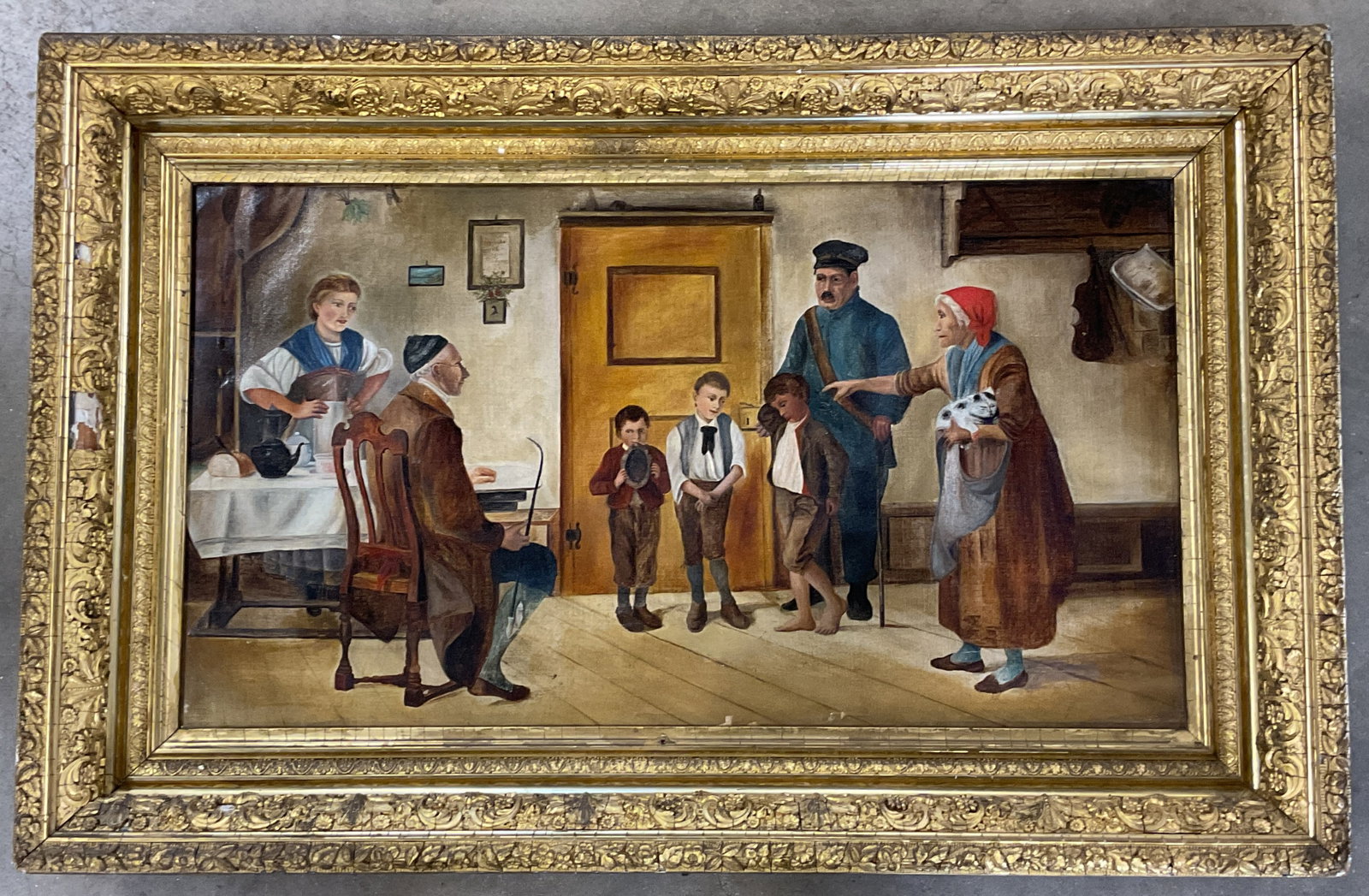 Framed Interior Genre Scene Oil Painting 37in: Framed oil on canvas painting. Genre scene, interior with figures. Seated man with children. Ornate gilt wood frame. Frame measures approx. 24 x 37 inches. Not examined out of frame. Wear including cr