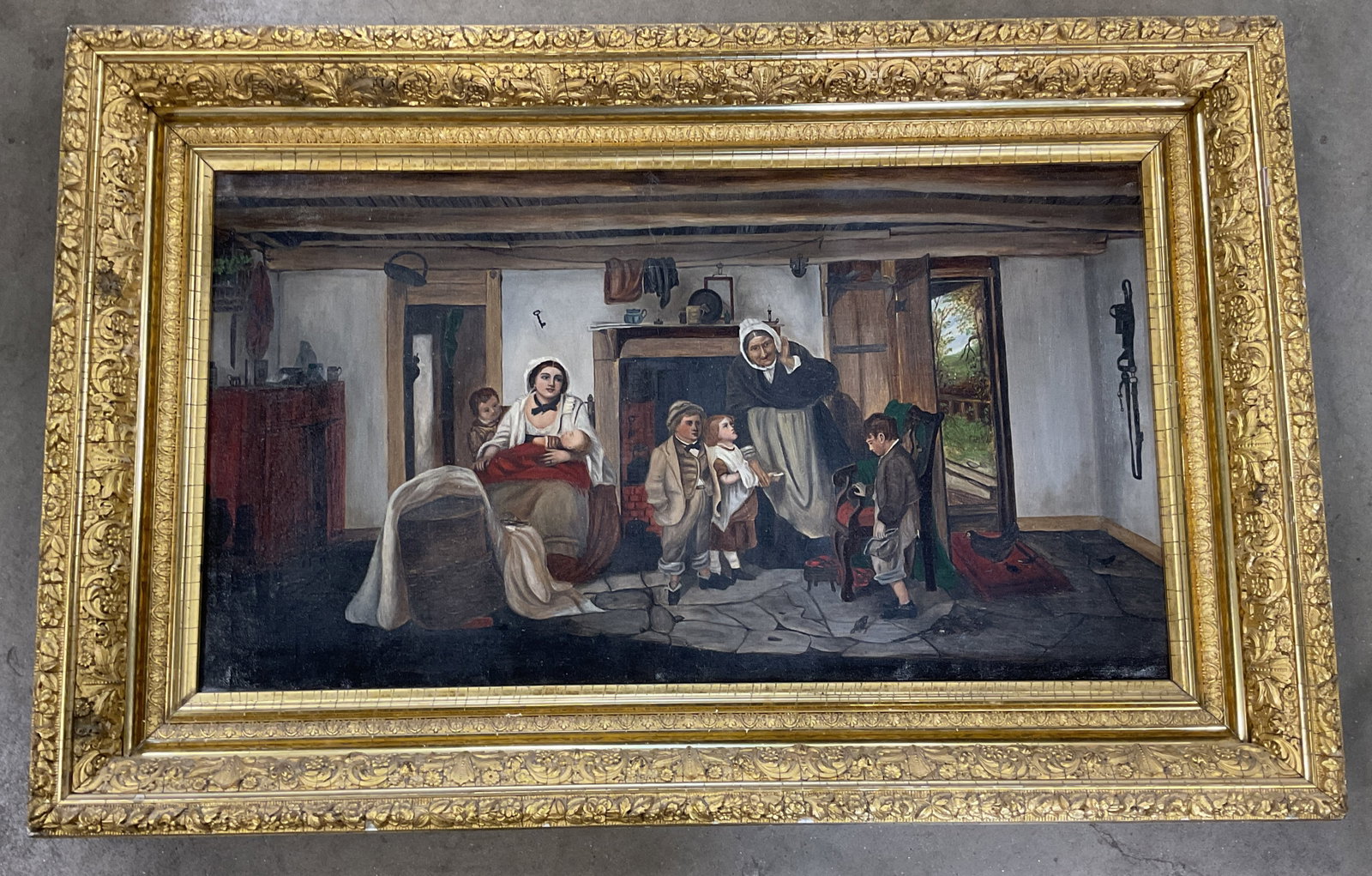 Framed Interior Scene Genre Oil Painting 37in: Framed oil on canvas painting. Genre scene, interior with women and children. Ornate gilt wood frame. Frame measures approx. 24 x 37 inches. Not examined out of frame. Wear including crazing and loss 