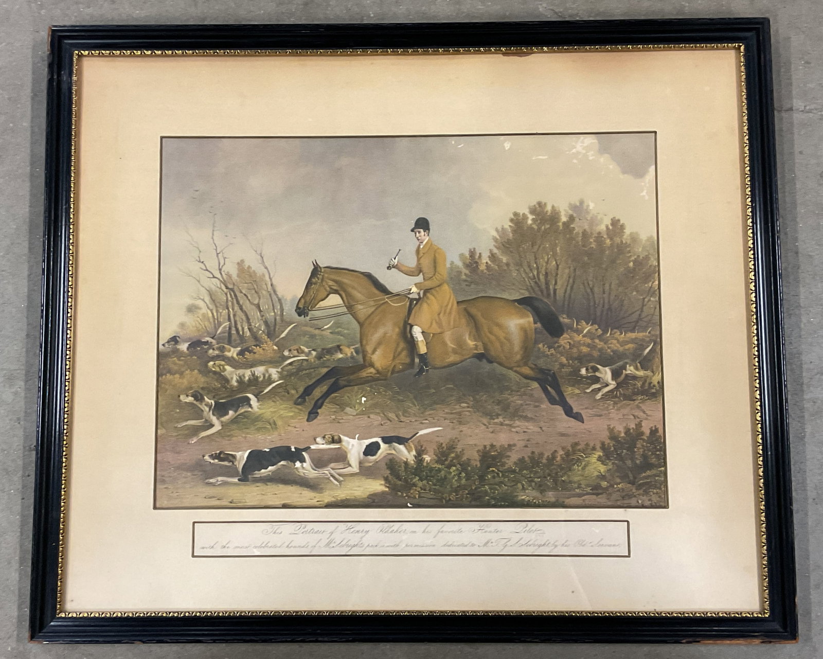 Framed After RB Davis Equestrian Lithograph 25in: Framed and matted lithograph. After Richard Barrett Davis, The Portrait of Henry Oldaker on his Favorite Hunter Pilot. Equestrian hunting scene. Black wood frame. Frame measures approx. 21.5 x 25.5 in