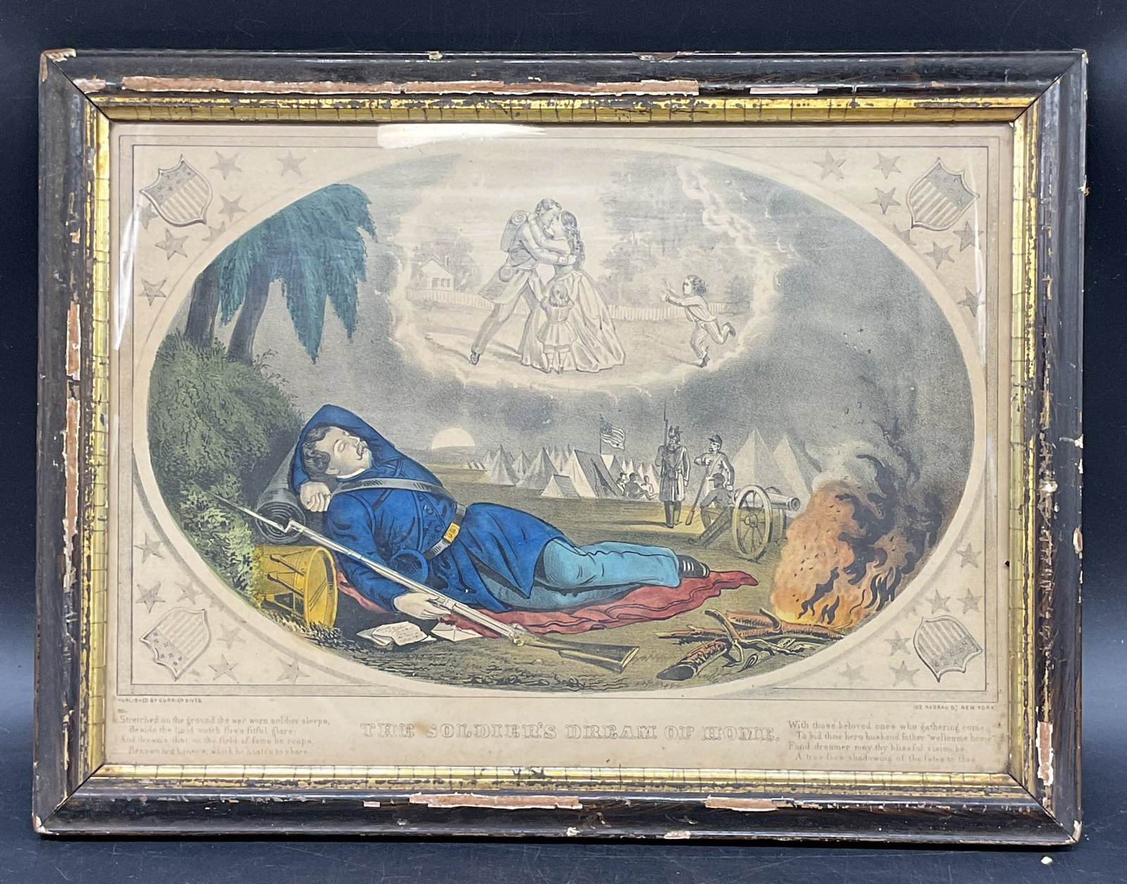 Antq Currier & Ives Soldiers Dream Colored Litho: Framed antique hand colored lithograph. Published by Currier and Ives, 152 Nassau Street, New York. Published circa 1860s. The Soldiers Dream of Home. Civil War era. Black and gilt wood frame. Frame m