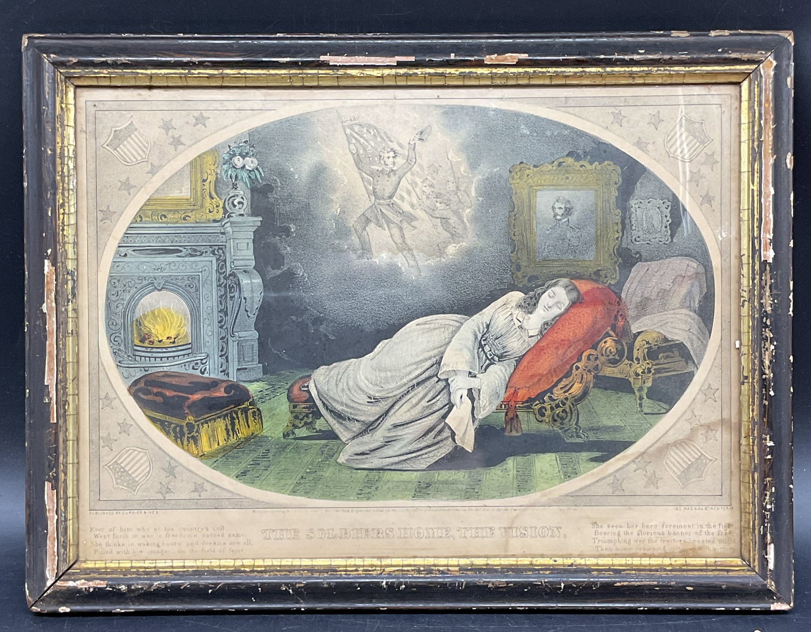 Antq Currier & Ives Soldiers Home Color Litho: Framed antique hand colored lithograph. Published by Currier and Ives, 152 Nassau Street, New York. Published circa 1862. The Soldiers Home, The Vision. Civil War era. Black and gilt wood frame. Frame