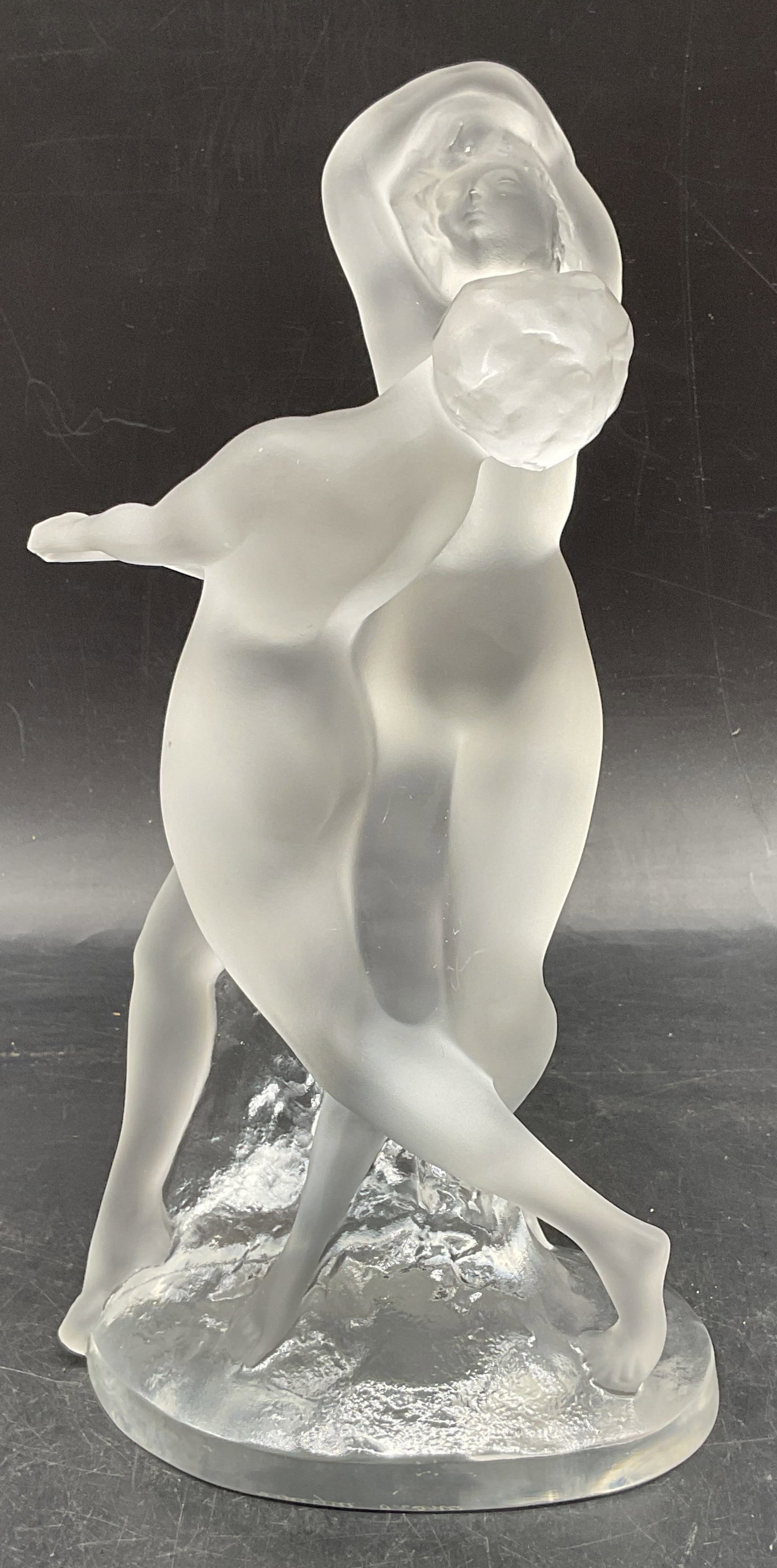 Marc Lalique Two Dancers Crystal Figurine France: Vintage Lalique frosted and polished crystal figurine. Designed by Marc Lalique, production date unknown. Deux Danseuses, Two Dancers. Measures approx. 5.5 x 4.75 x 10 inches. Marked Lalique France. L