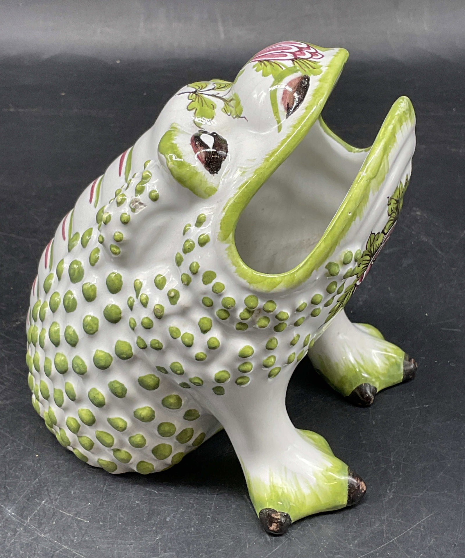 Vintage Ceramic Warty Frog Planter Vase, Italy: Vintage hand painted ceramic warty frog planter or vase. Floral motifs. Made in Italy. Measures approx. 4.25 x 5 x 5.25 inches. Some crazing and chips. Frog planter, frog vase, collectibles, home deco