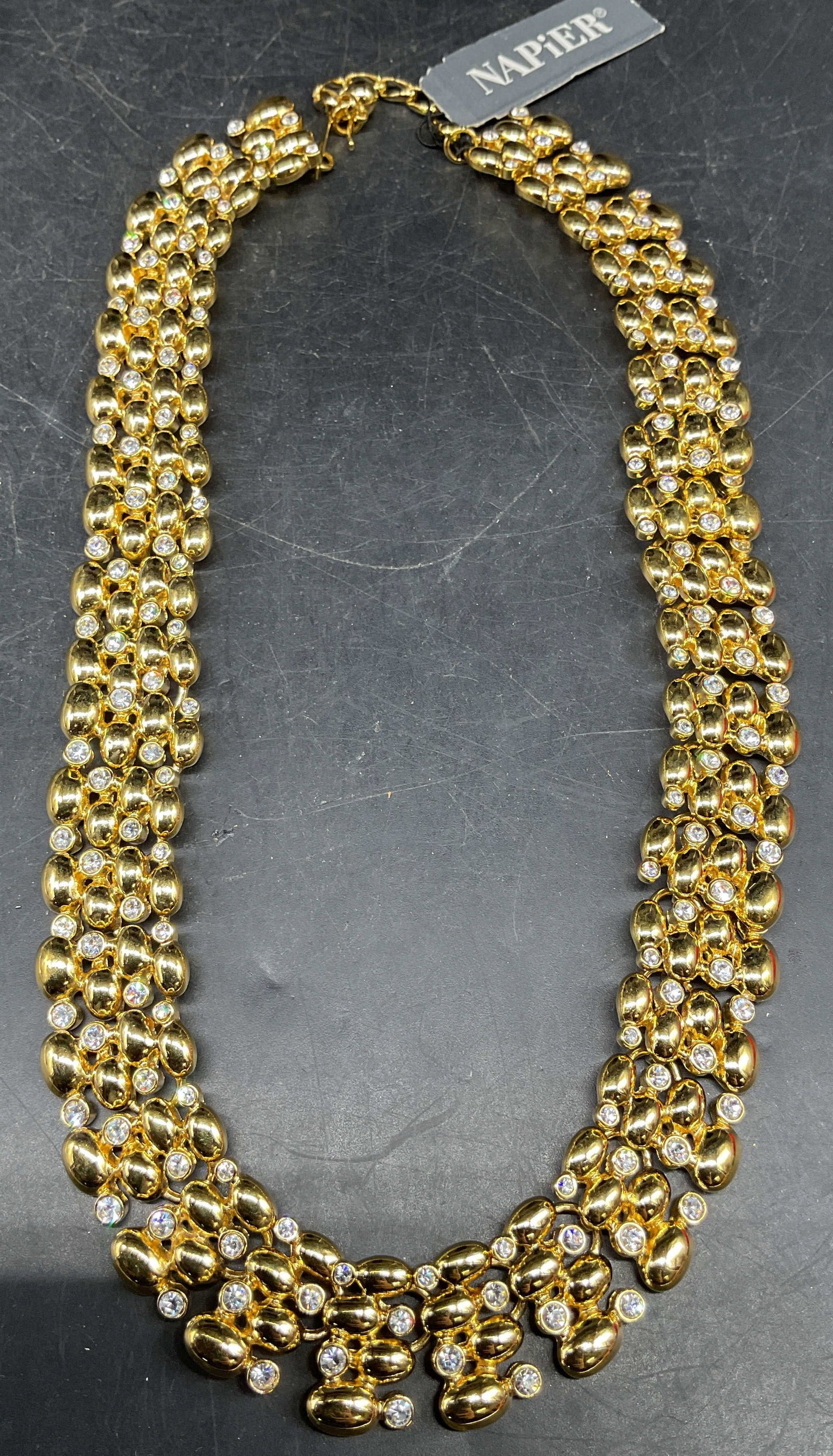 Vintage Napier Gold Tone Rhinestone Necklace NWT: Vintage Napier gold tone mesh chain and rhinestone necklace. New with tag. Drop length 8.75 inches. Some scratching. Jewelry, estate jewelry, costume jewelry, cocktail jewelry, fashion jewelry, access