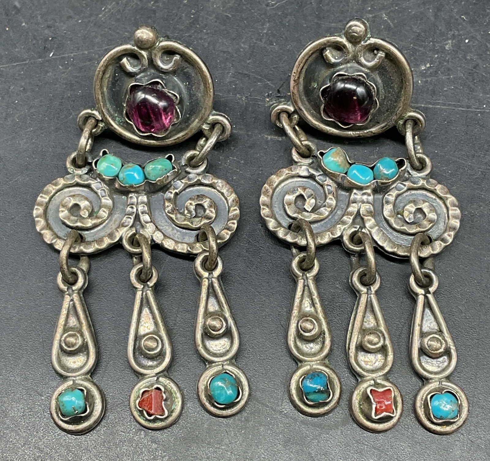 Vintage Sterling Silver Turquoise Earrings, Mexico: Vintage sterling silver earrings with turquoise, amethyst and coral. Marked sterling, made in Mexico. Measures approx. 2 inches long. Total weight 22.8 grams. Some scratching. Jewelry, estate jewelry,