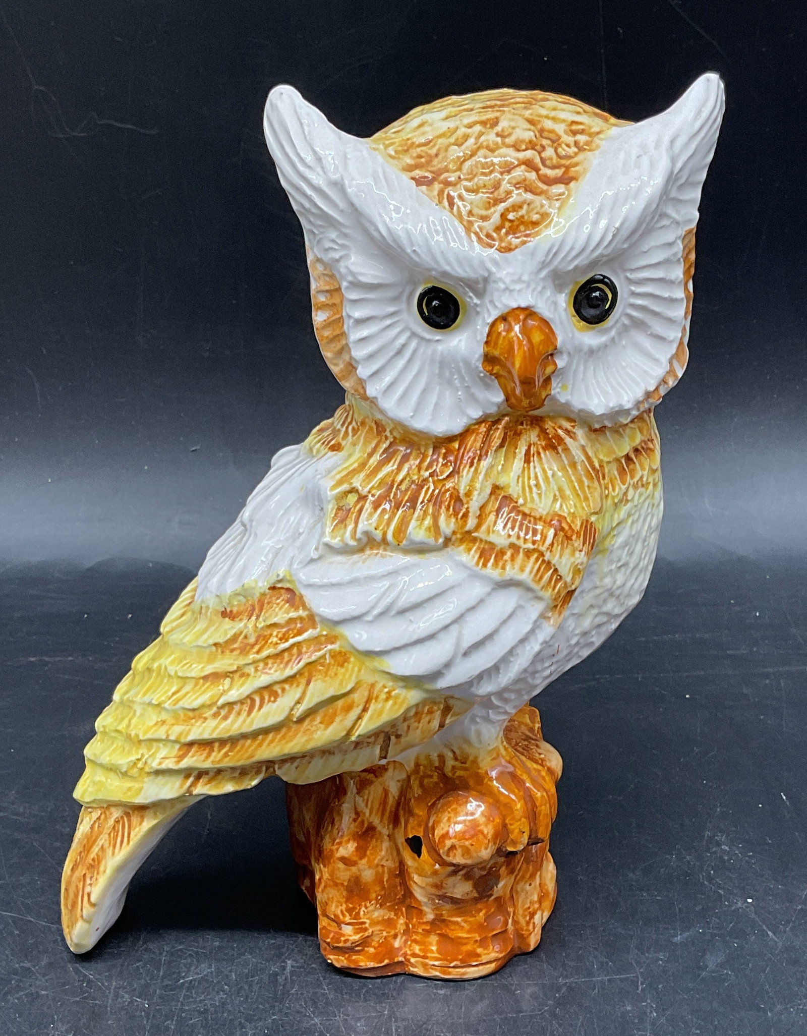 Hand Painted Yellow Ceramic Owl Figurine: Hand painted yellow ceramic owl figurine. Measures approx. 5.5 x 3.5 x 8 inches. Some scratching. Owl figurine, ceramic owl, home decor, table decor, home accessories, 10 cs