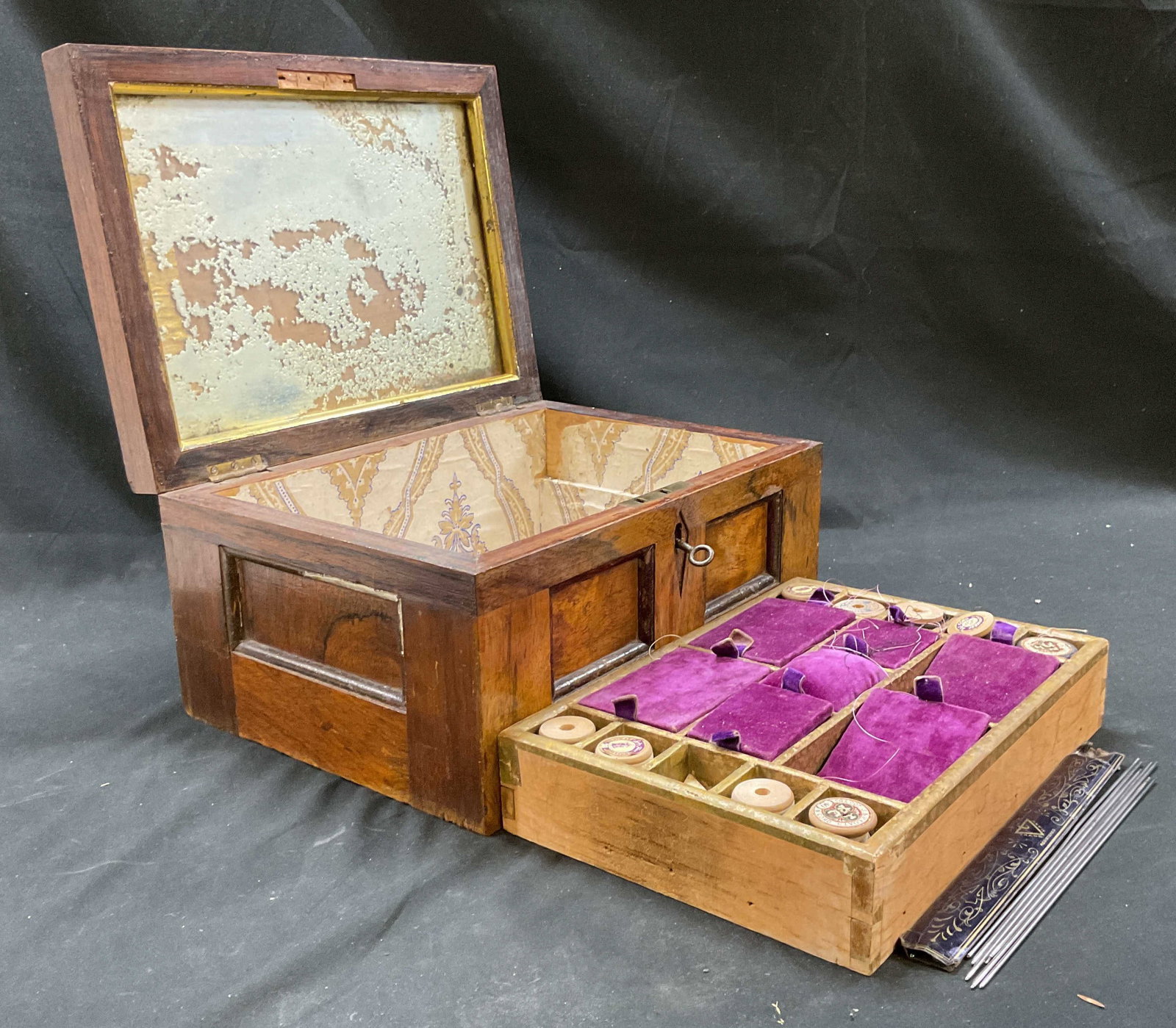 Antique Wood Sewing Box Fitted Interior (1 of 17)