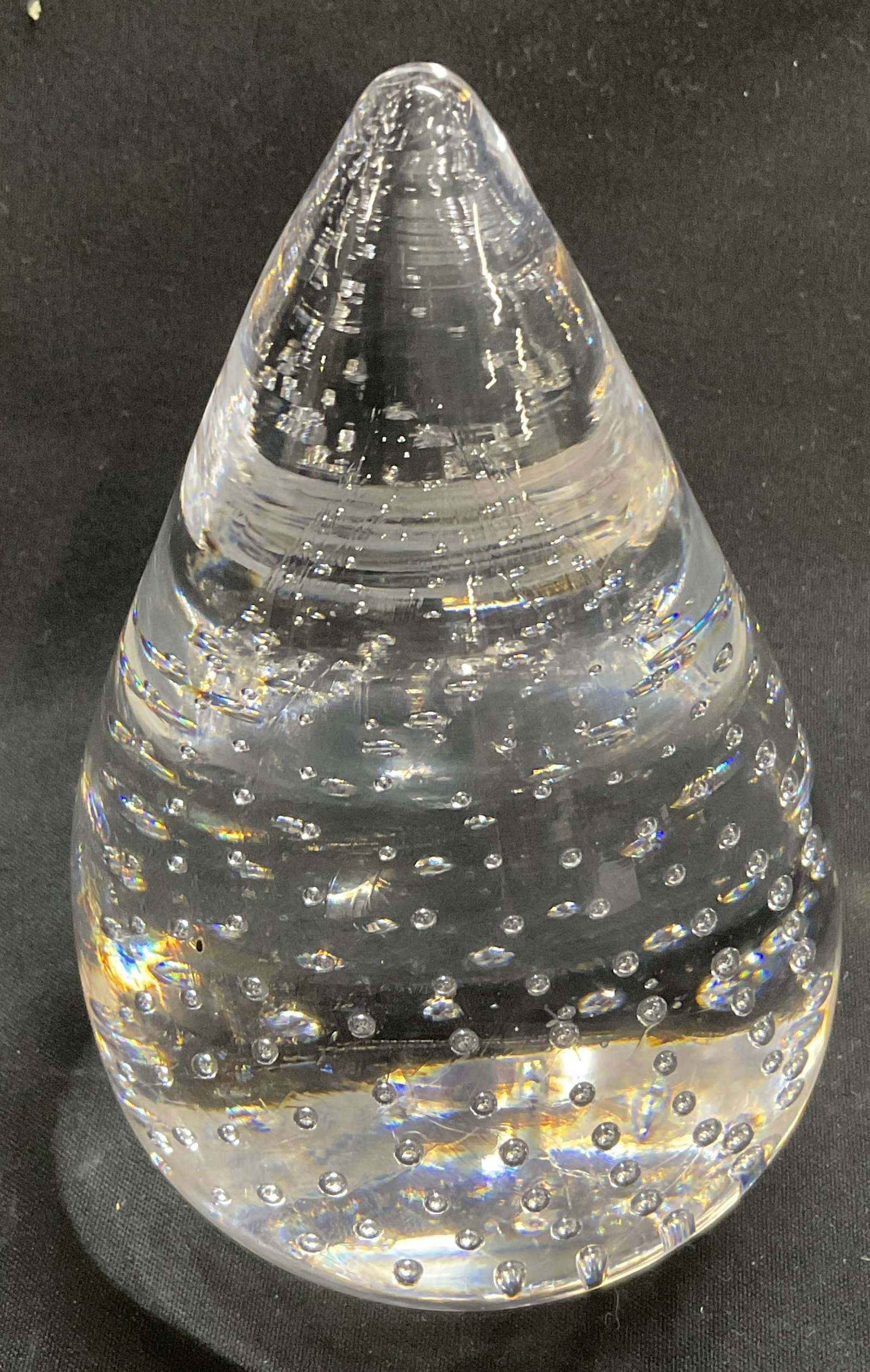 VTG Art Glass Controlled Bubble Paperweight: Vintage Clear Art Glass Controlled Bubble Paperweight. Spike Ball Design. Some Scratching. Measures app 4.5in H x 3in Diam. Vintage Paperweight, Clear Glass, Art Glass, Controlled Bubbles, Spike Ball,