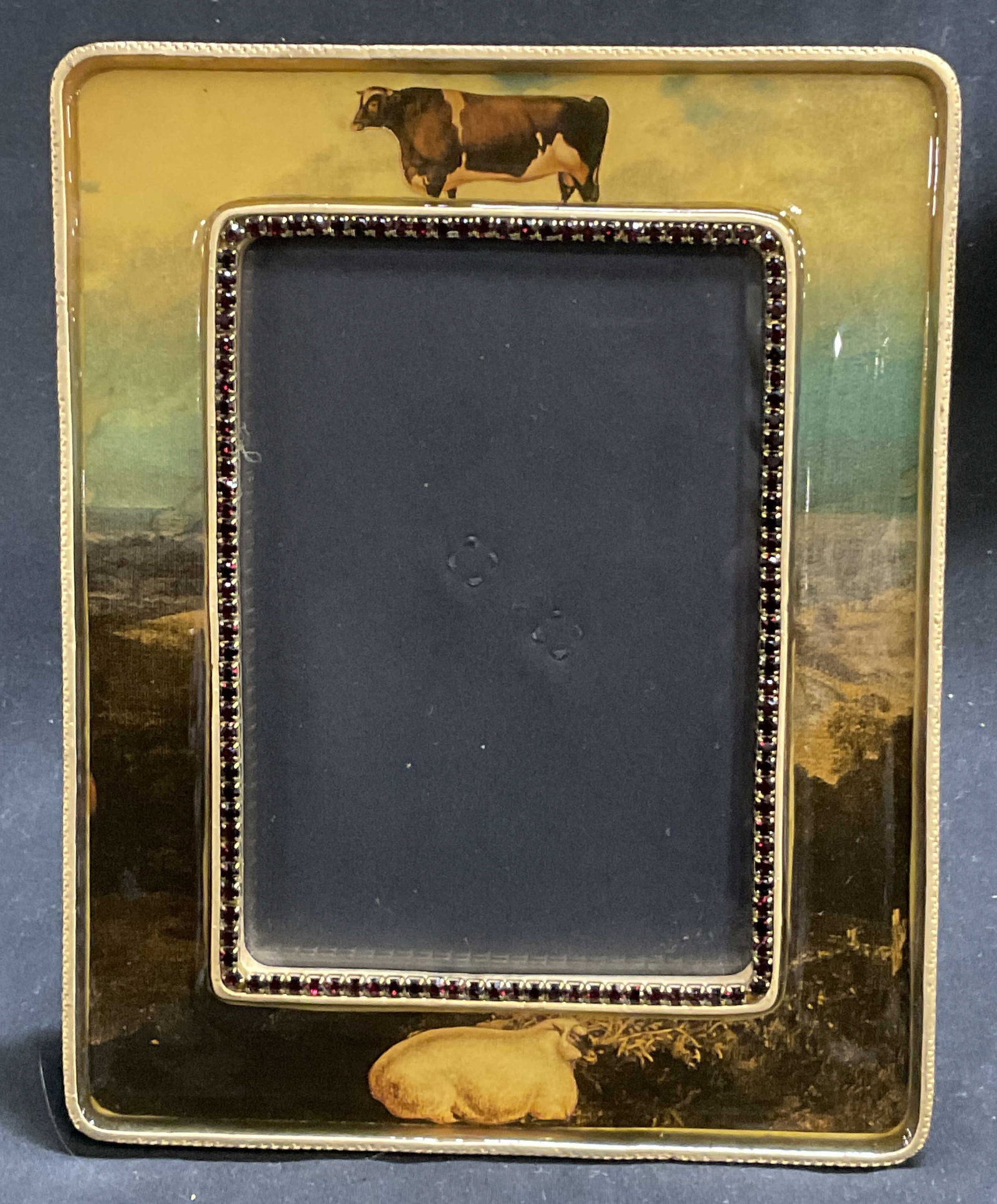 Maximal Art John Wind Farm Animal Picture Frame: Vintage Original Maximal Art by John Wind Picture Frame. Gold-Toned Frame with Resin Inlay of a Cow and a Sheep on a Farm Landscape. Red Rhinestone Accents. Condition Consistent With Exposure. Measure
