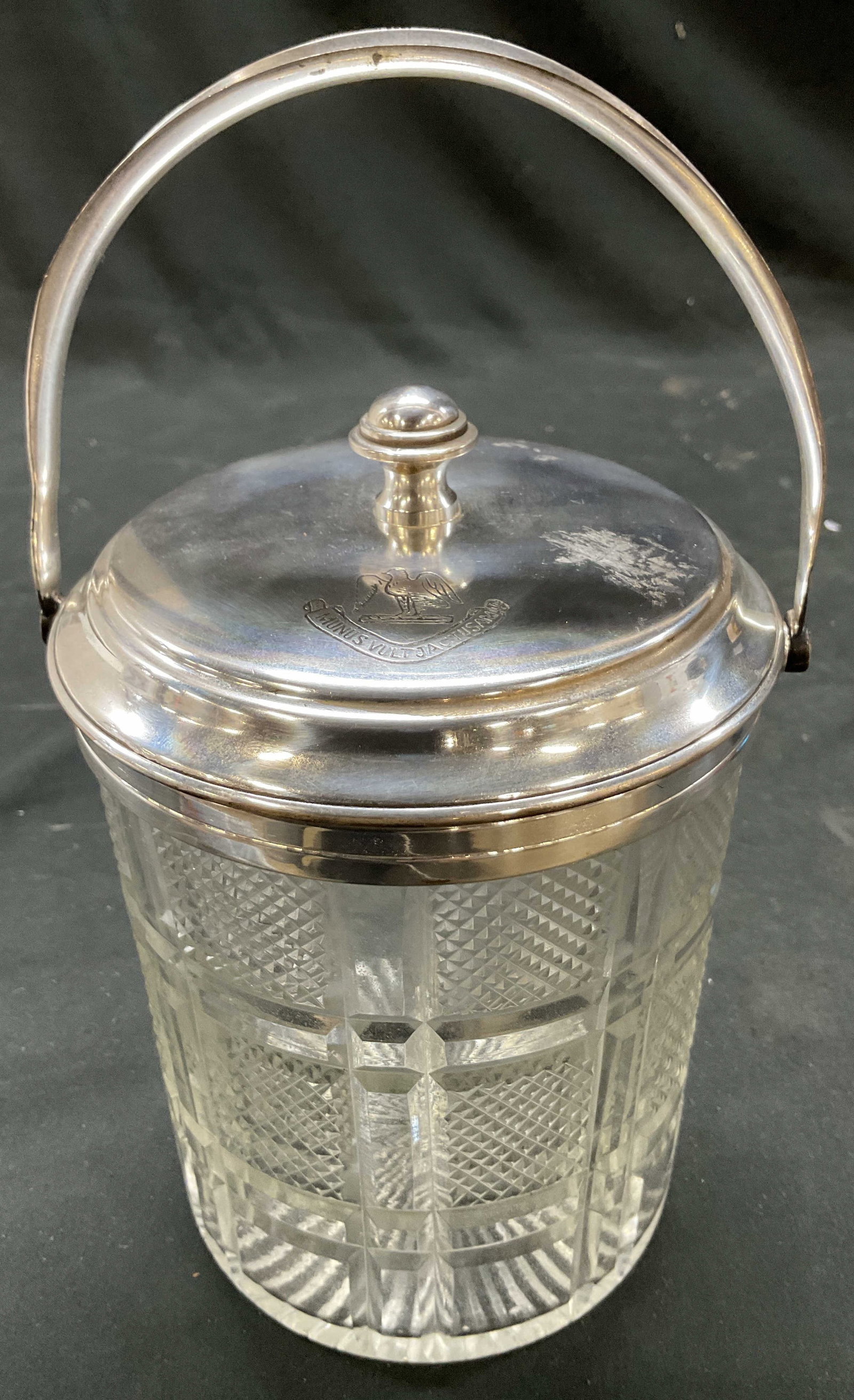 Antq English Crystal Plaid Ice Bucket Silver Pl Lid: Antique possibly Vintage Plaid crystal ice bucket with silver plate rim, swing handle and monogrammed lid, rim has several trademarks including A , B, and a crown, lid with finial has etched monogram 