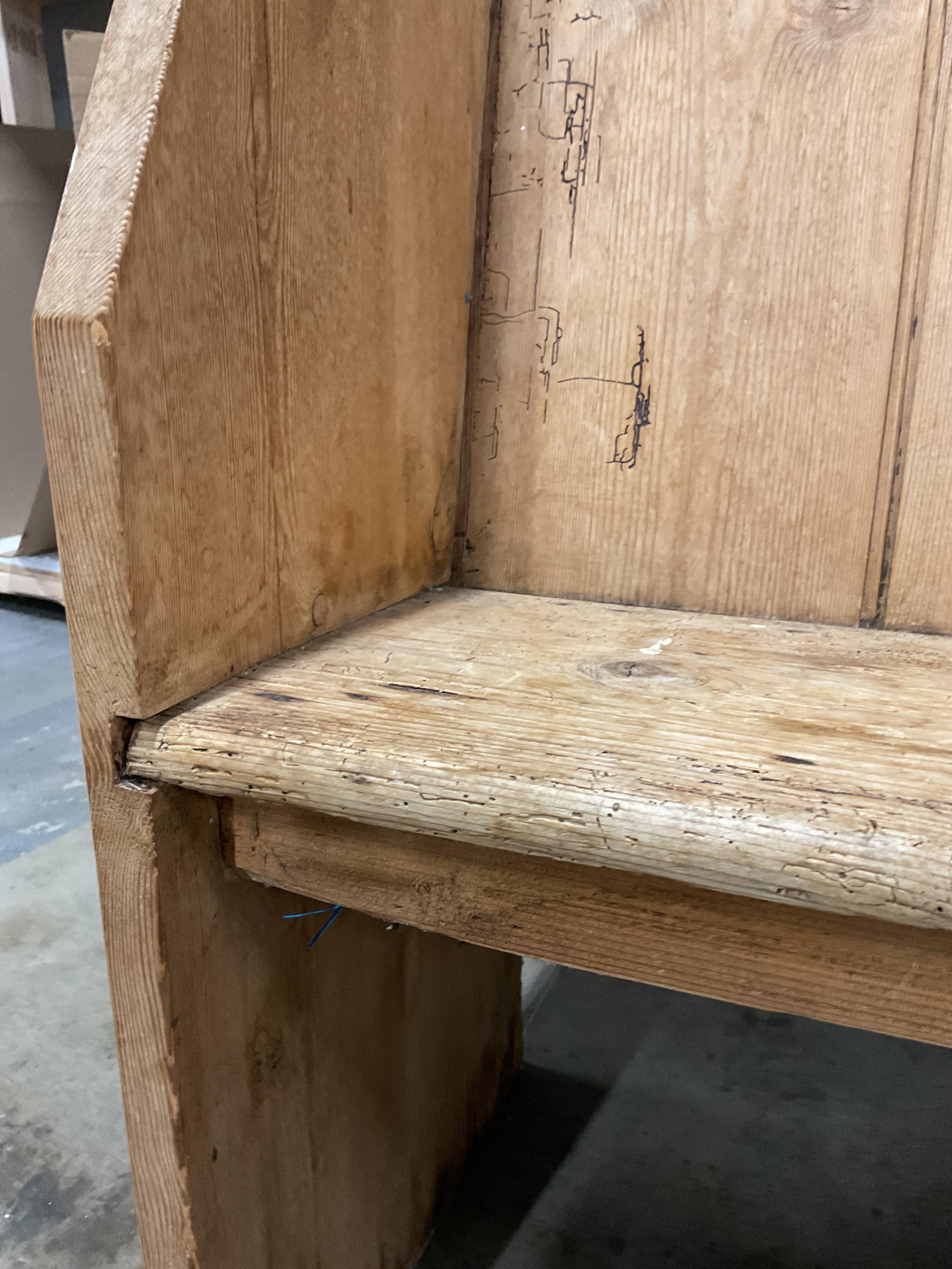 Antique Distressed Pine Settle Bench, Pew - 5