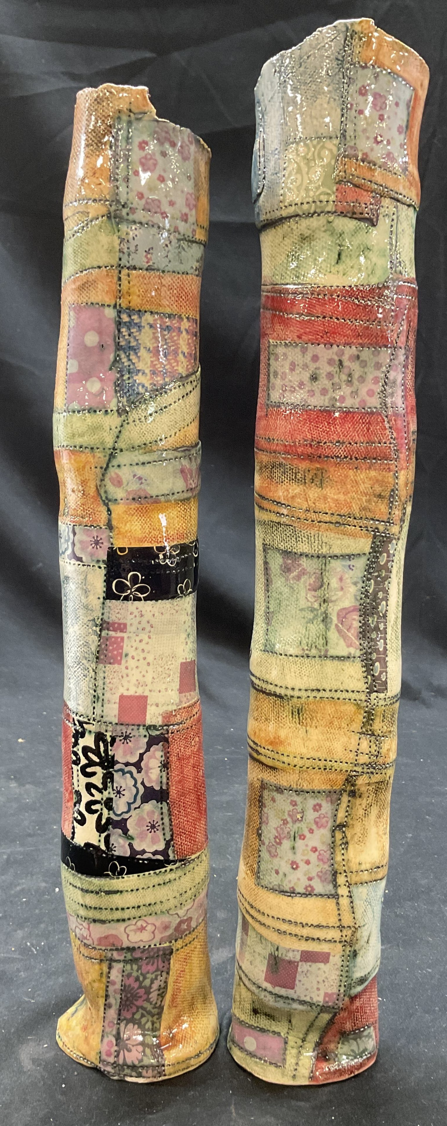 Pr Sgnd Hand Built Slab Glazed Ceramic tall vases: Signed Pair of contemporary slab style cylinder sculptures, vases decorated with a patchwork technique, the quilt like design combines a floral underglaze transfers, hand painted geometric blocks, and