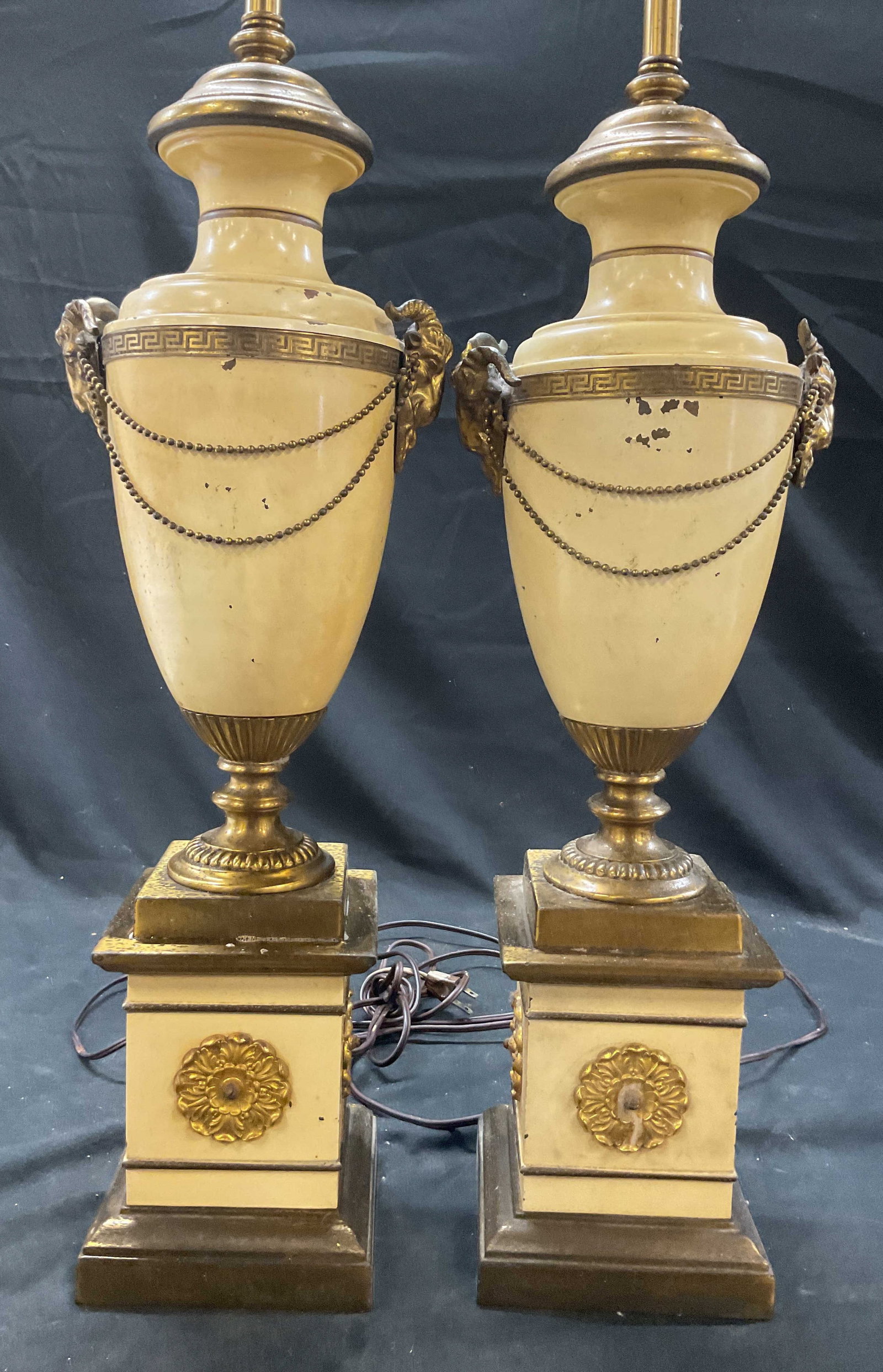 Pr French Empire Revival Rams Head Lamps: Pair of neoclassical, French empire revival lamps, each has distinctive rams heads handles, brass chain swags, and a square base, enameled metal, brass, , gilt bronze, both have wear to enamel, not ch