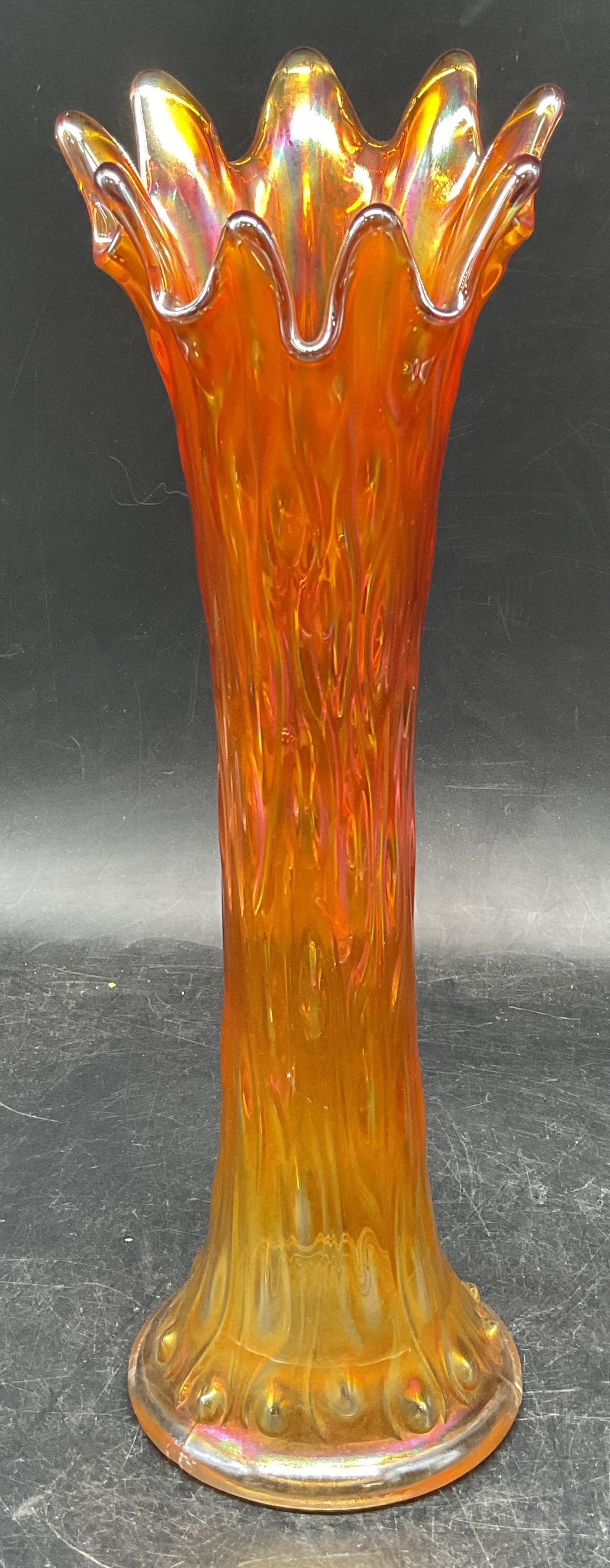 Northwood Marigold Carnival Glass Tree Trunk Vase: Vintage signed Northwood carnival glass tree trunk vase in marigold. Measures approx. 3.5 x 11 inches. Some scratching. Northwood vase, carnival glass vase, tree trunk vase, collectibles, home decor, 