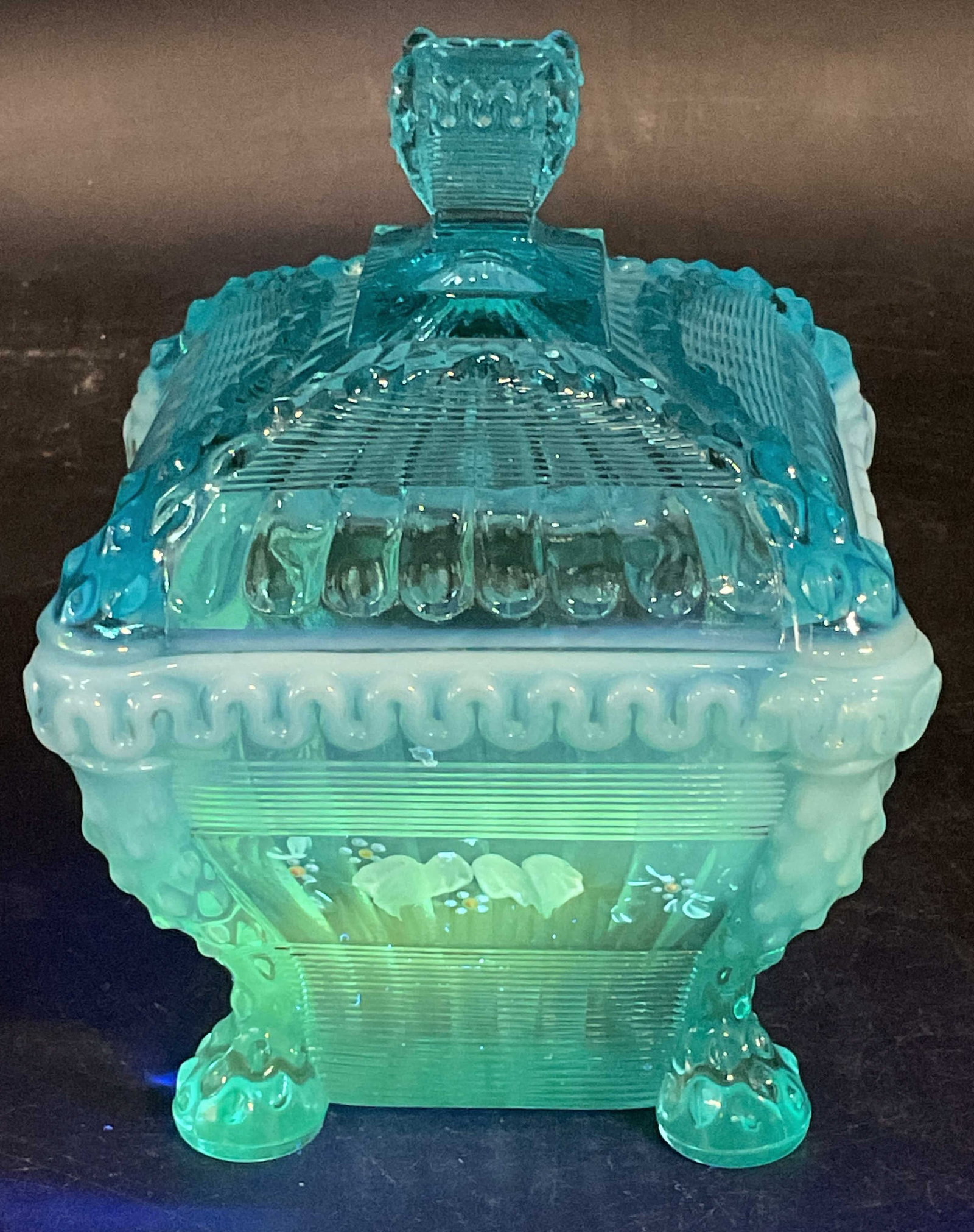Antq Northwood Alaska Uranium Glass Sugar Bowl: Antique Northwood Alaska pattern lidded sugar bowl. Blue opalescent uranium glass. Glass is UV light reactive. Hand painted floral decoration. No signature or markings. Measures approx. 4.25 x 4.25 x 