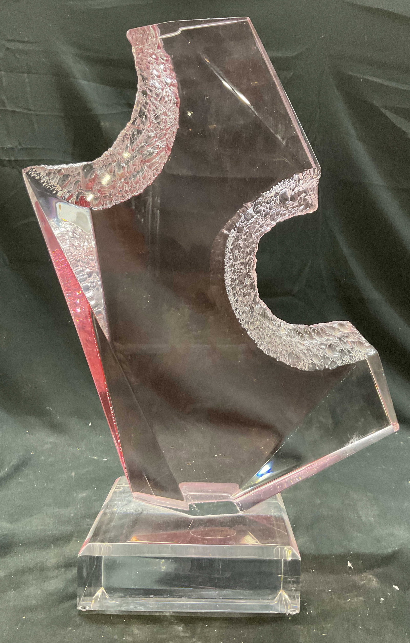 Shlomi Haziza Abstract Acrylic Lucite Sculpture: Acrylic Lucite Sculpture Sculpture with Artist label reading hand made by shlomi Haziza in Hollywood, titled Purple Rain monolithic geometric piece has clear to pink toned reflections, the piece has