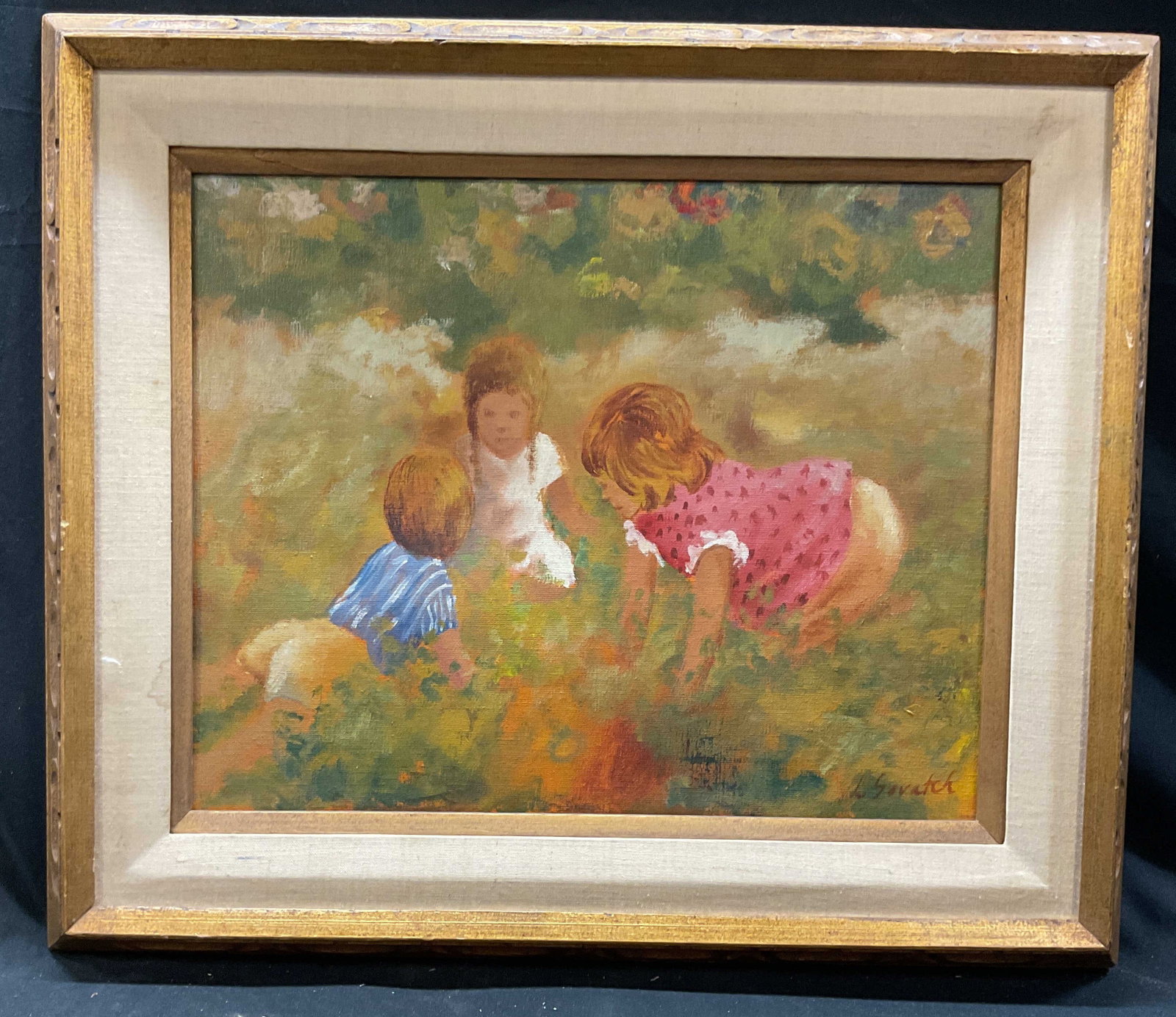 L. Sovatch Impressionist Style Painting: Painting on canvas, framed in carved giltwood, silk matting, measures in frame ht 24 inches by 27 inches, impressionist style painting, signed lower left, subject three children playing in flowers