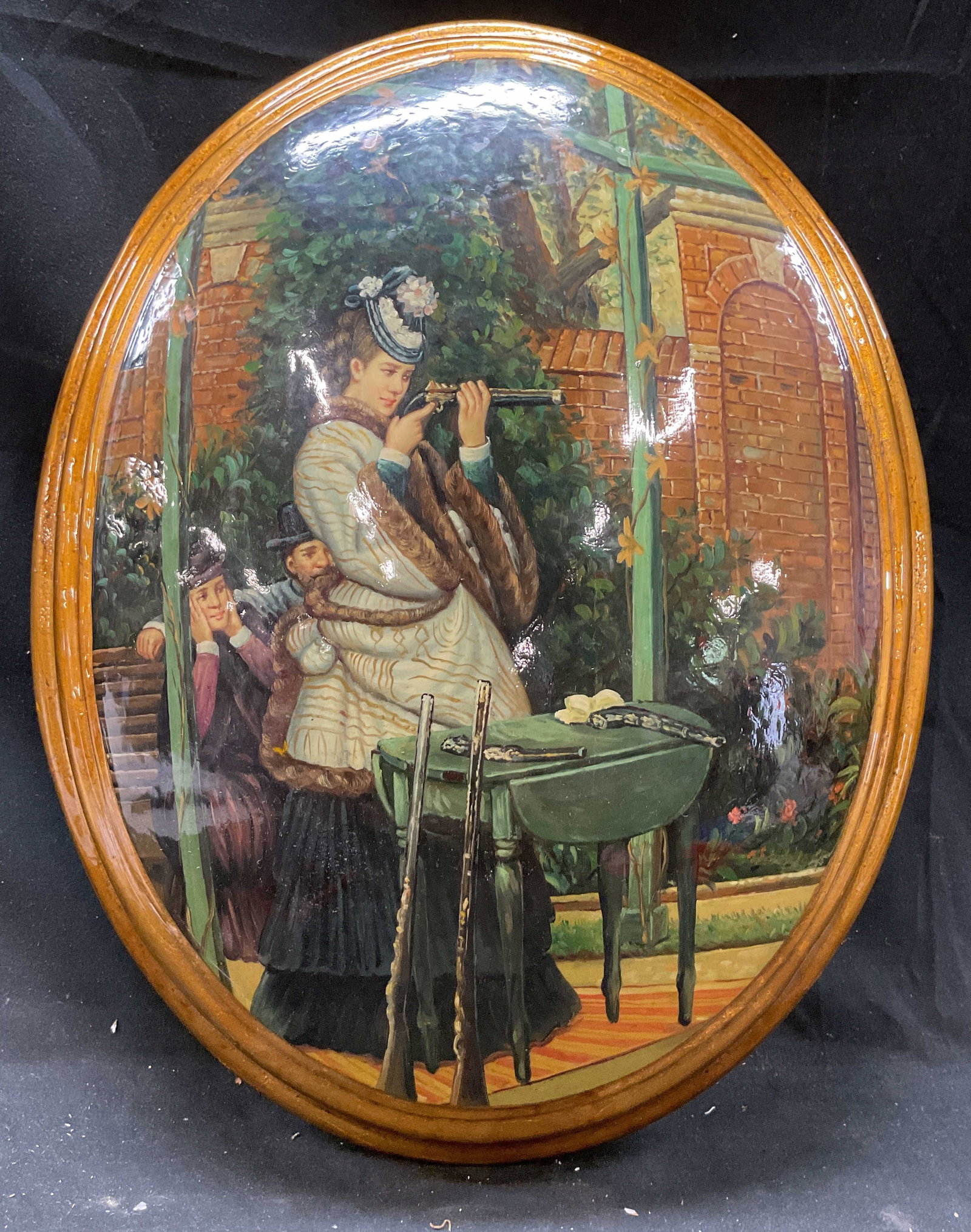 Lacquered Wood Plaque Print after Tissot: At the Range by James Tissot reproduction print on wood, gilded frame and heavily lacquered finish, home decor, wall art measures ht app 20 inches width app 15 inches