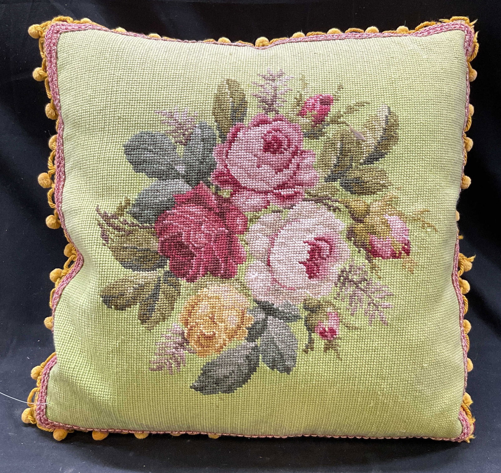 Down Filled Needlepoint Floral Pillow: Background of lime green, colorful rose bouquet, intricate trim detail, down filled, measures app 20 inches square, decorative home accent,