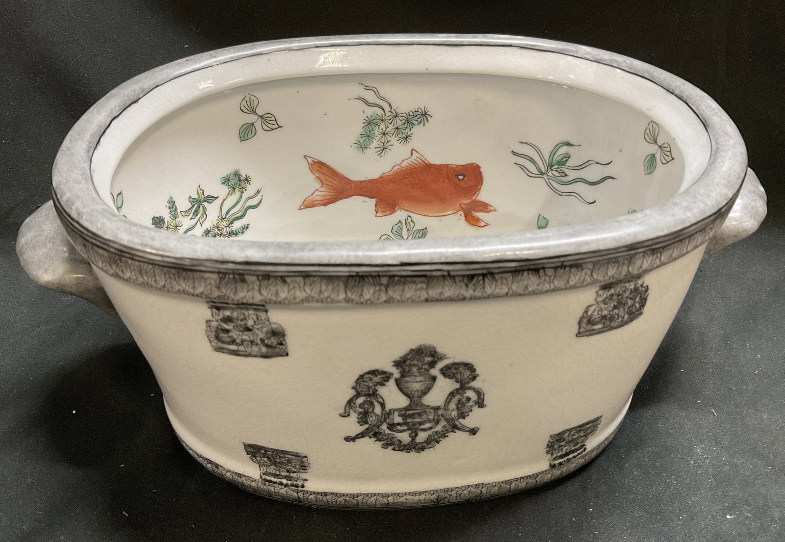 SIGNED Chinoiserie Porcelain Jardiniere: Signed Chinoiserie Porcelain Jardiniere. White with Grey Rim and Handles. Features Koi Fish, Floral, and Classical European Heraldic Motifs. Signed with Asian Characters. Condition Consistent With Exp