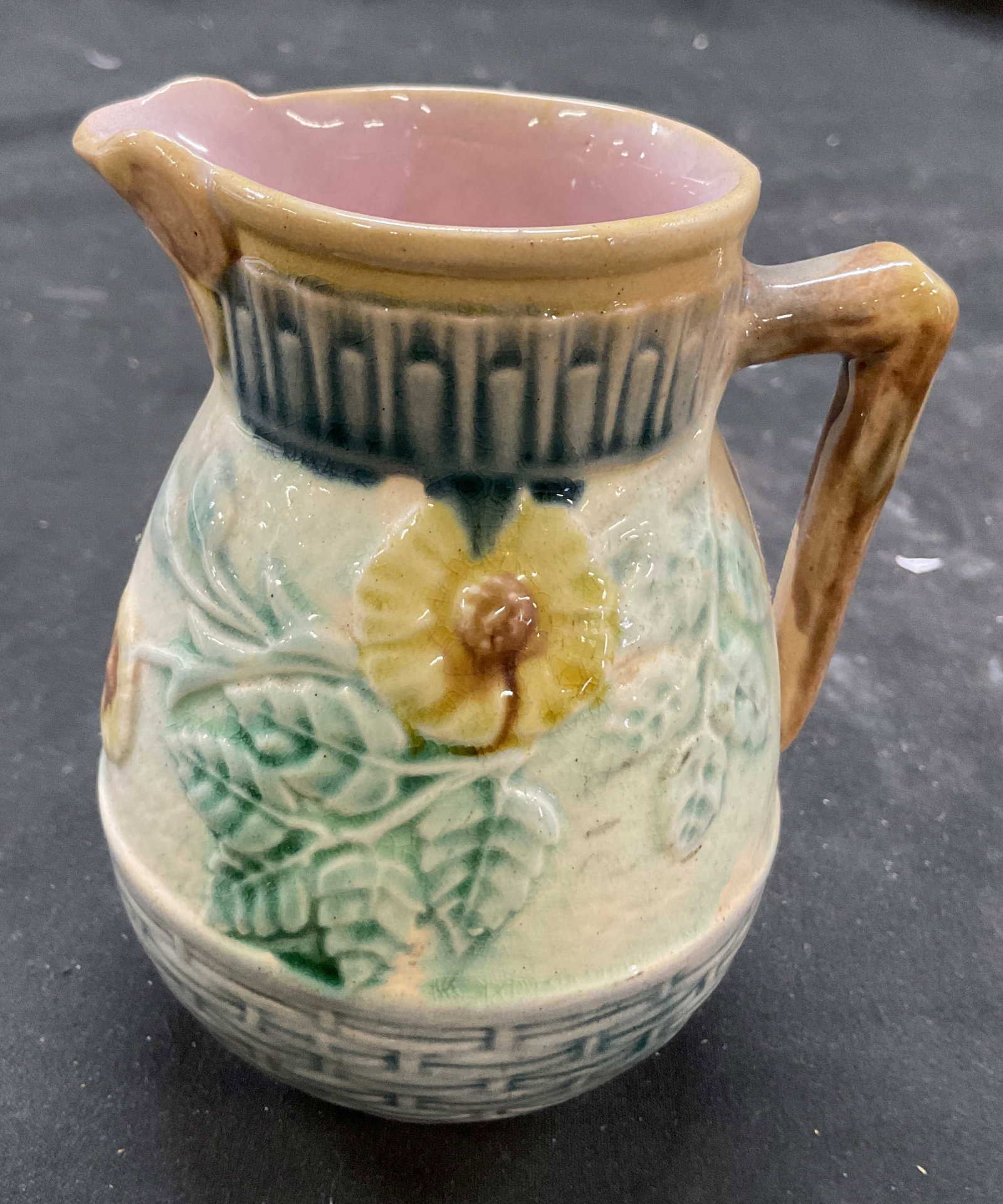 Antq Etruscan Majolica Wild Rose Creamer Pitcher: Antique Signed and trademarked Etruscan Majolica Creamer Pitcher in the Wild Rose Pattern manufactured by Griffen, Smith and Hill 1880-1890, property of former Manhattan majolica antiques dealer and