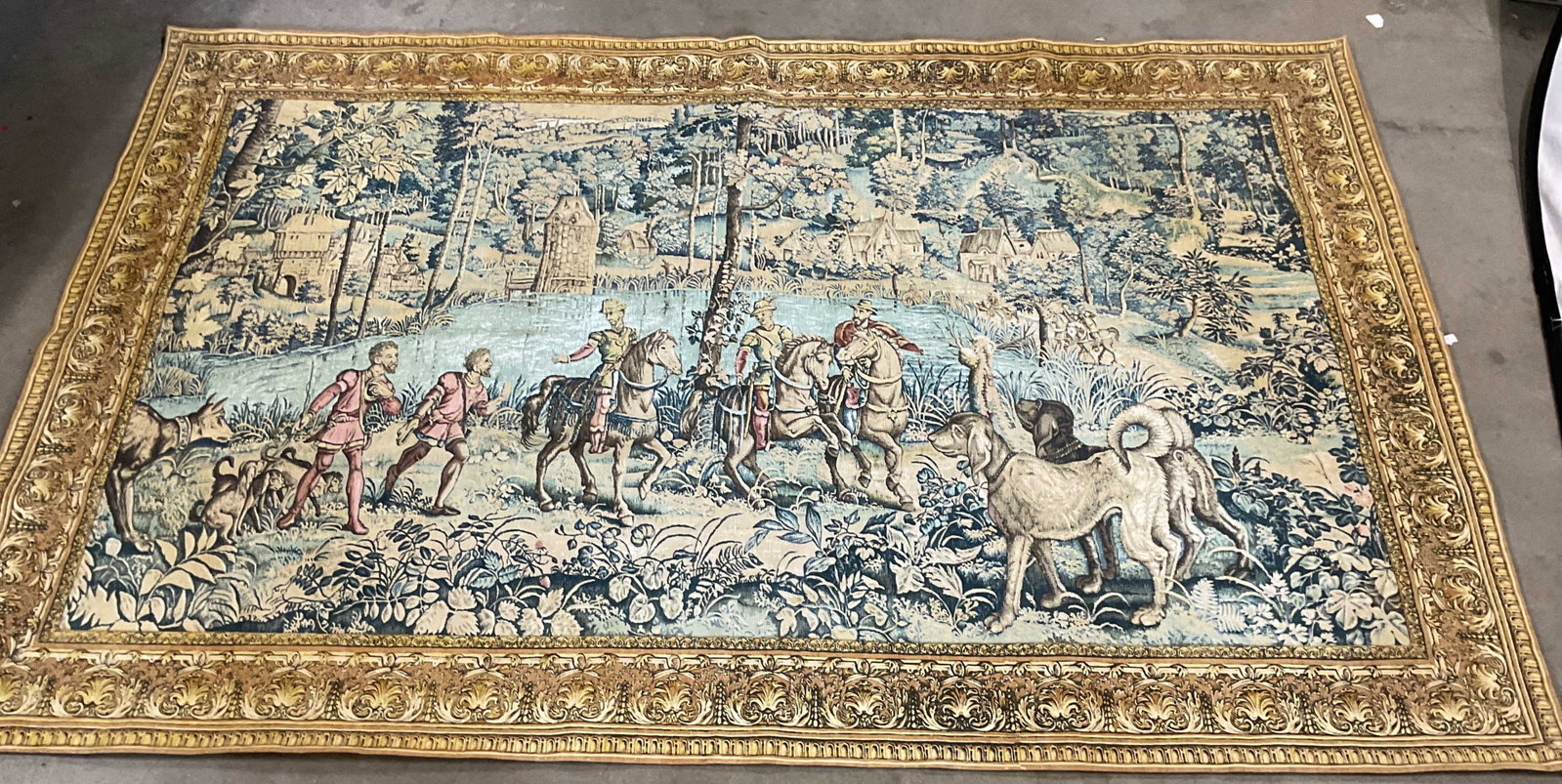 Vntg French Tapestry Wall Hanging: Vintage French tapestry wall hanging depicting a noble hunting scene titled rendezvous vous de Chasse, this reproduction is after the original woven textile from mid 16th-17th century, this piece appe