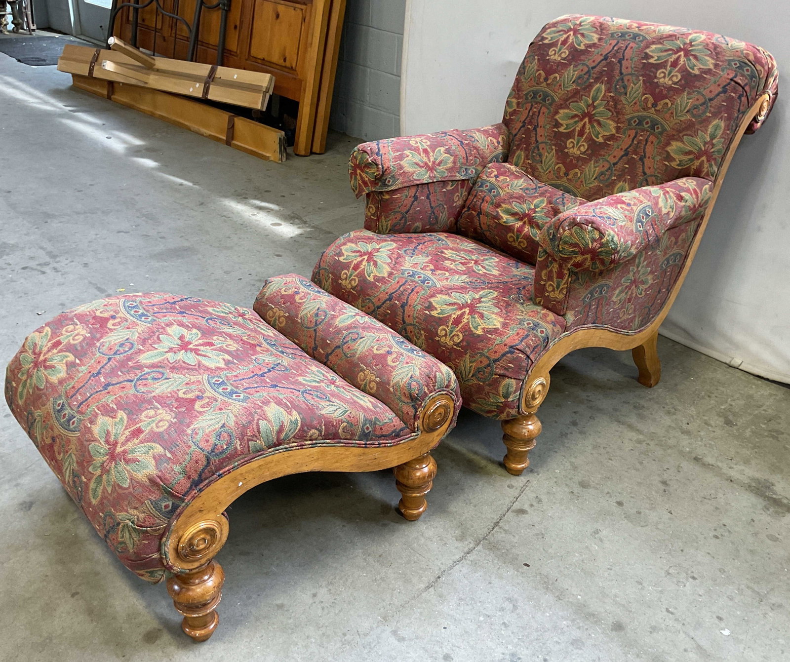 Upholstered Scrolled Arm Chair w Footrest (1 of 10)