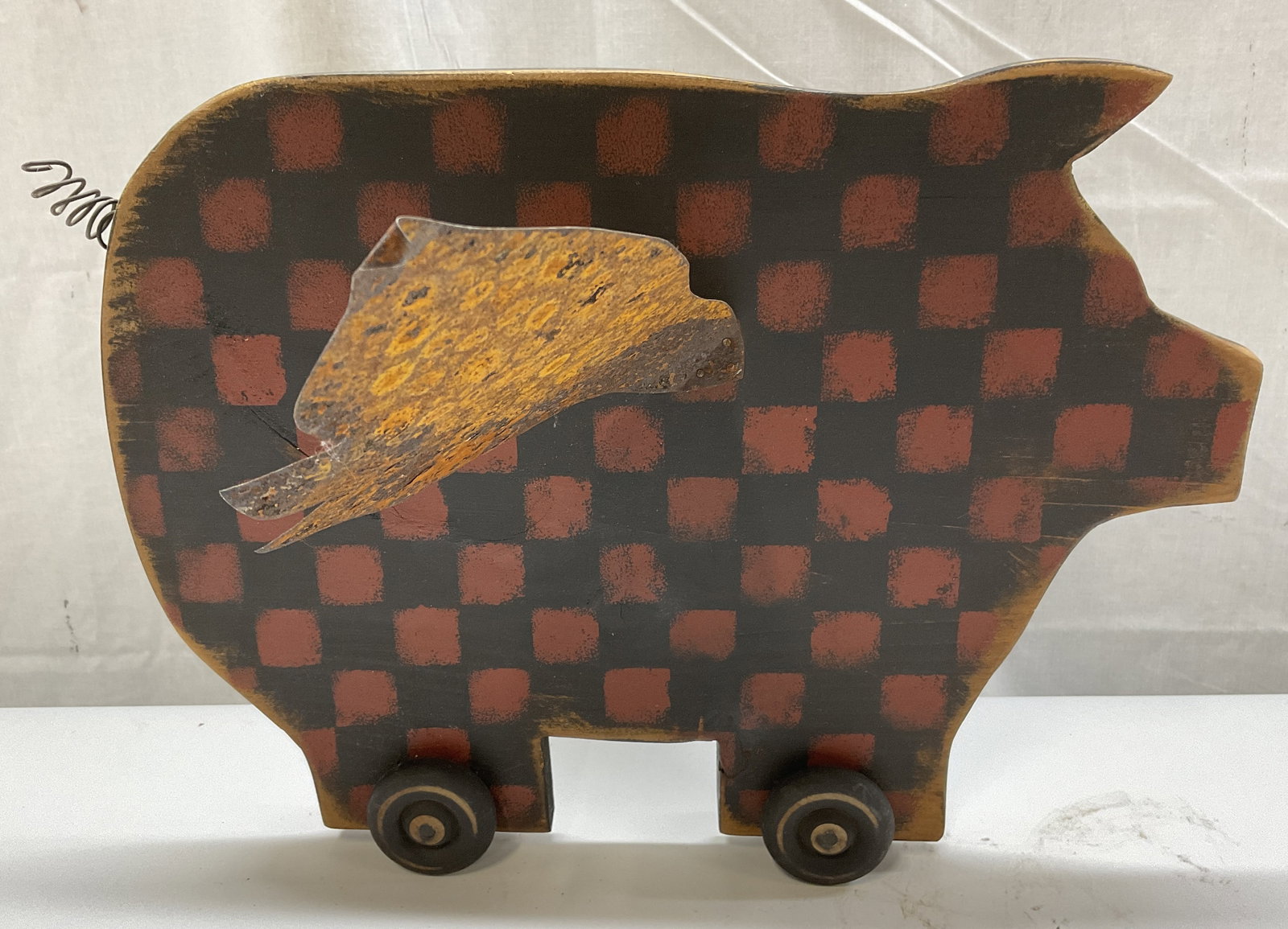 Wooden Checkered Flying Pig Folk Art Sculpture (1 of 8)